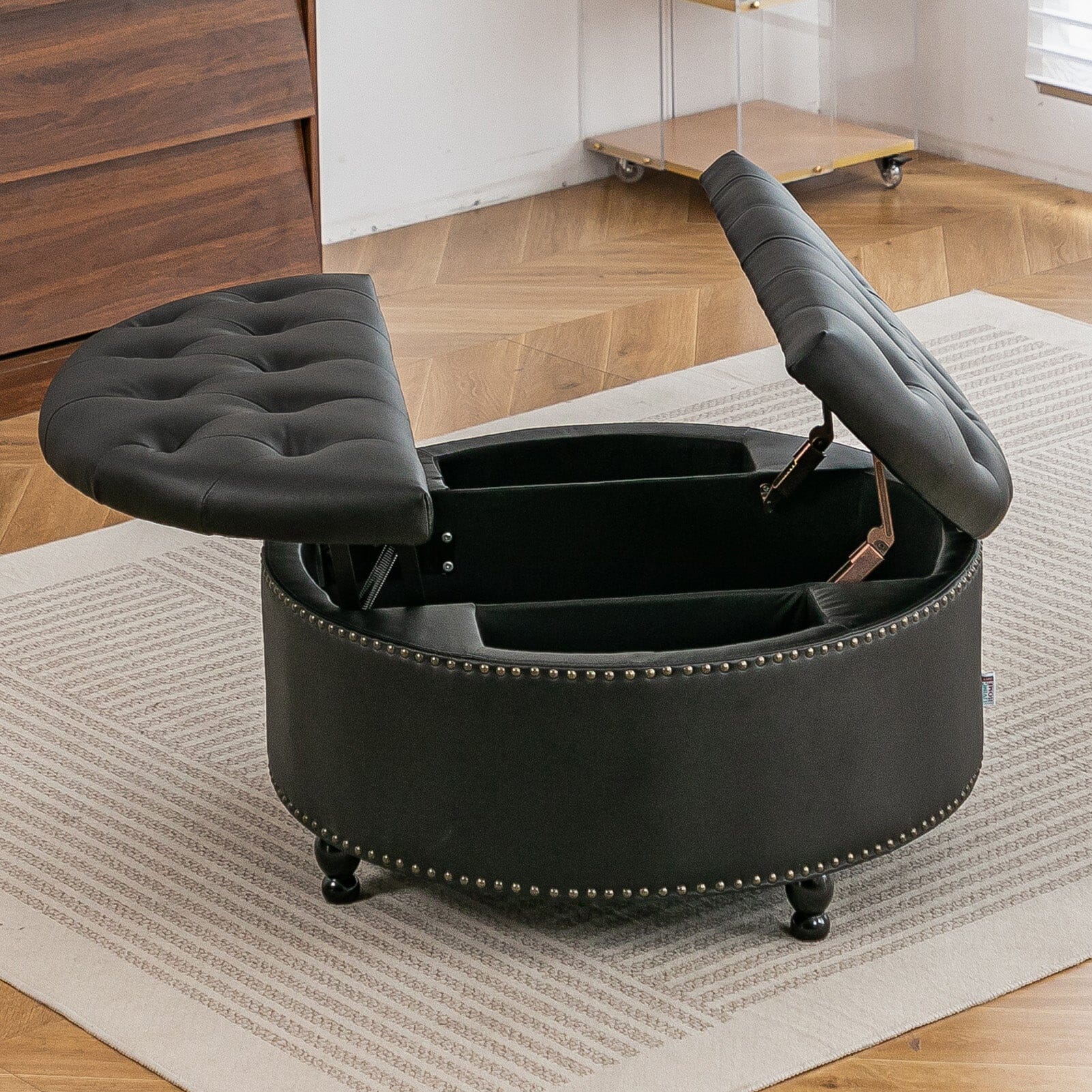 Round PU Leather Storage Ottoman with Tufted Top and Solid Wood Legs Living and Home 