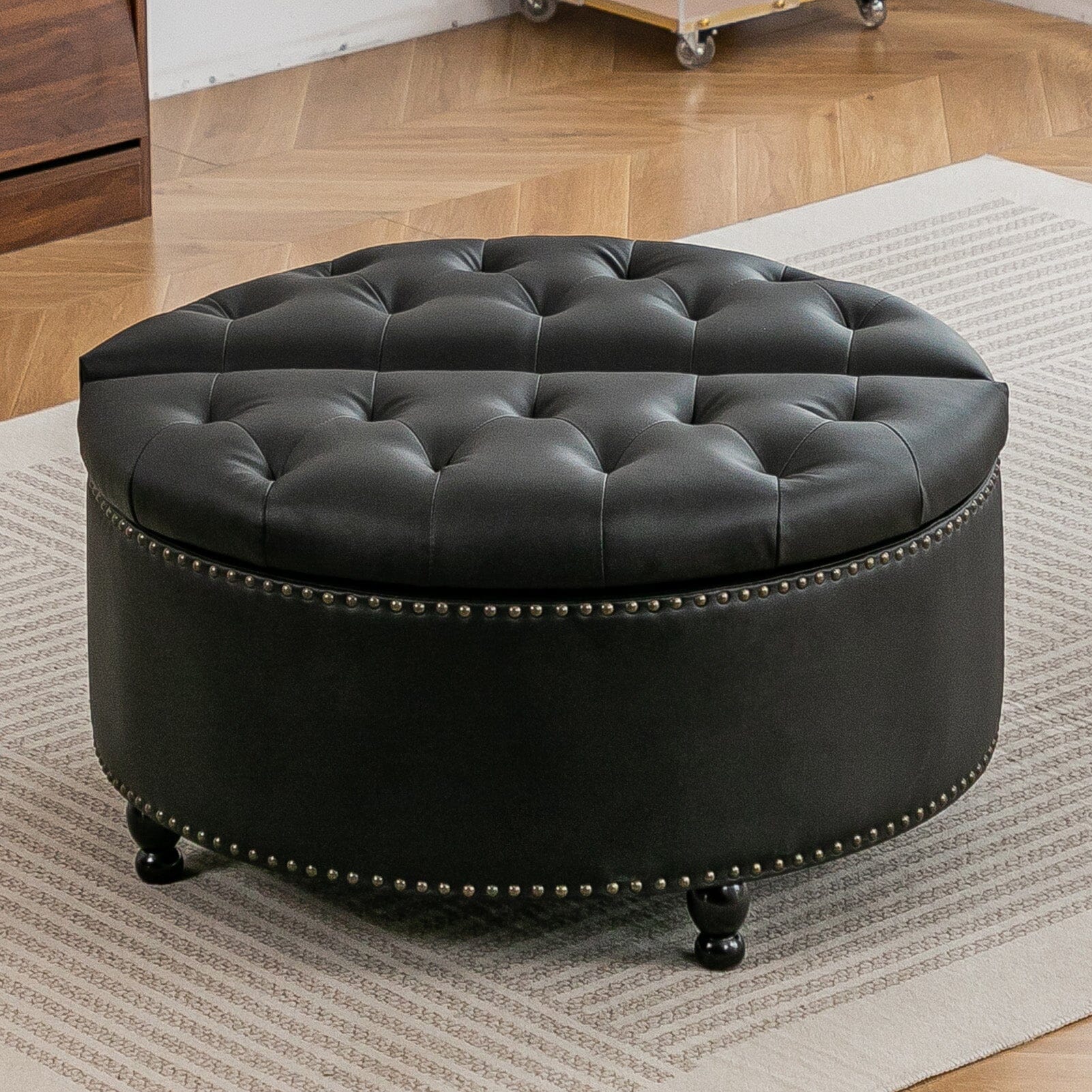 Round PU Leather Storage Ottoman with Tufted Top and Solid Wood Legs Living and Home 