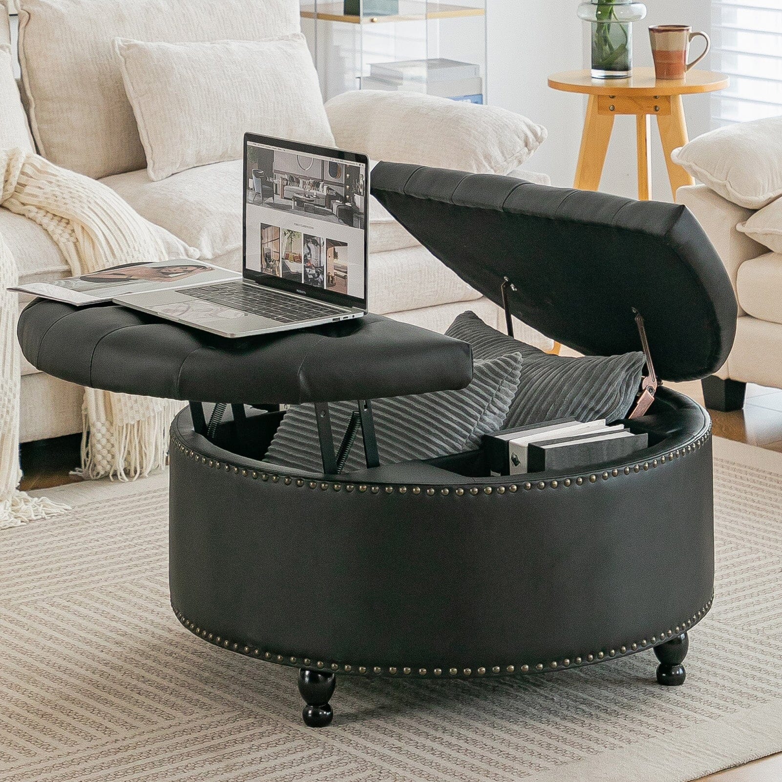 Round PU Leather Storage Ottoman with Tufted Top and Solid Wood Legs Living and Home 
