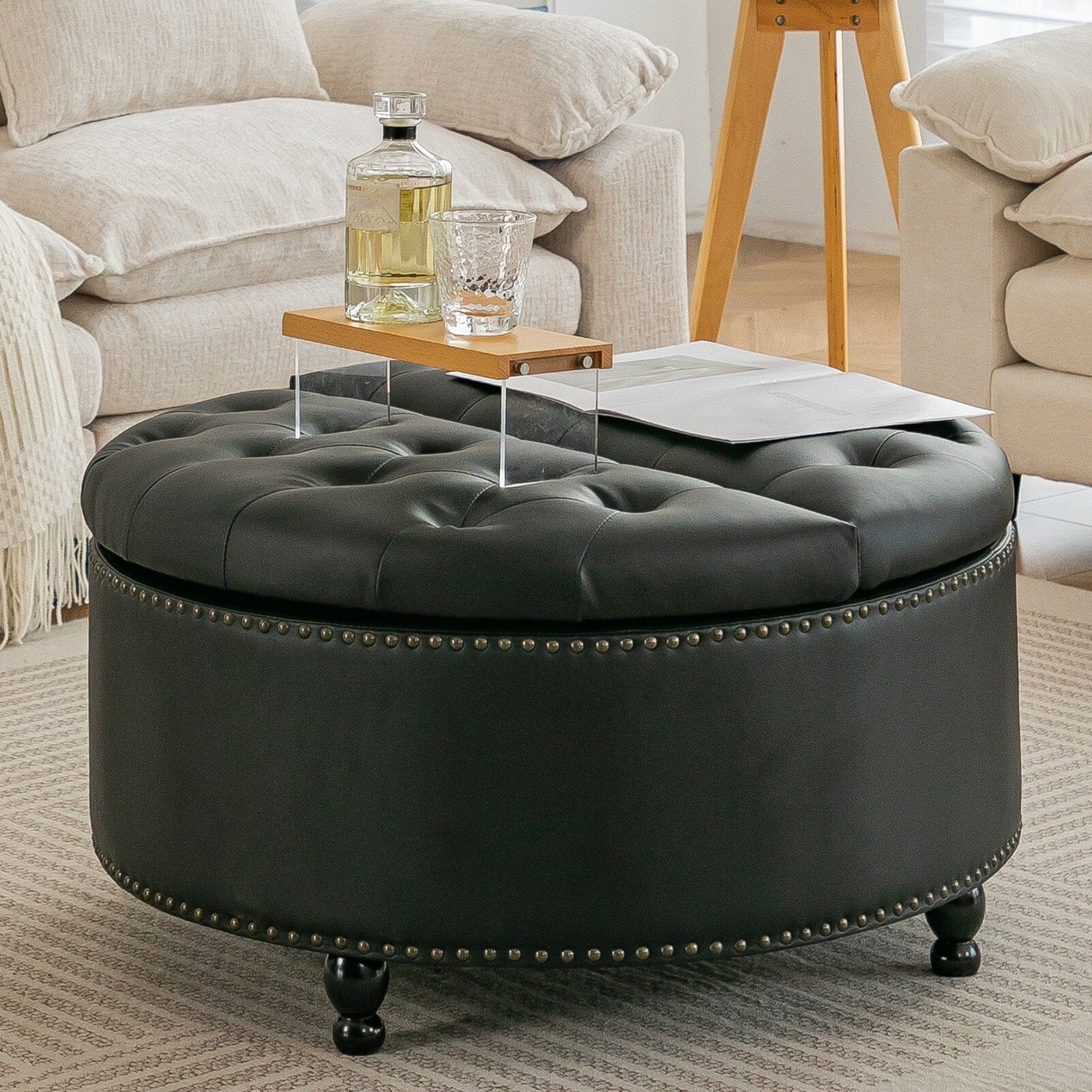 Round PU Leather Storage Ottoman with Tufted Top and Solid Wood Legs Living and Home 
