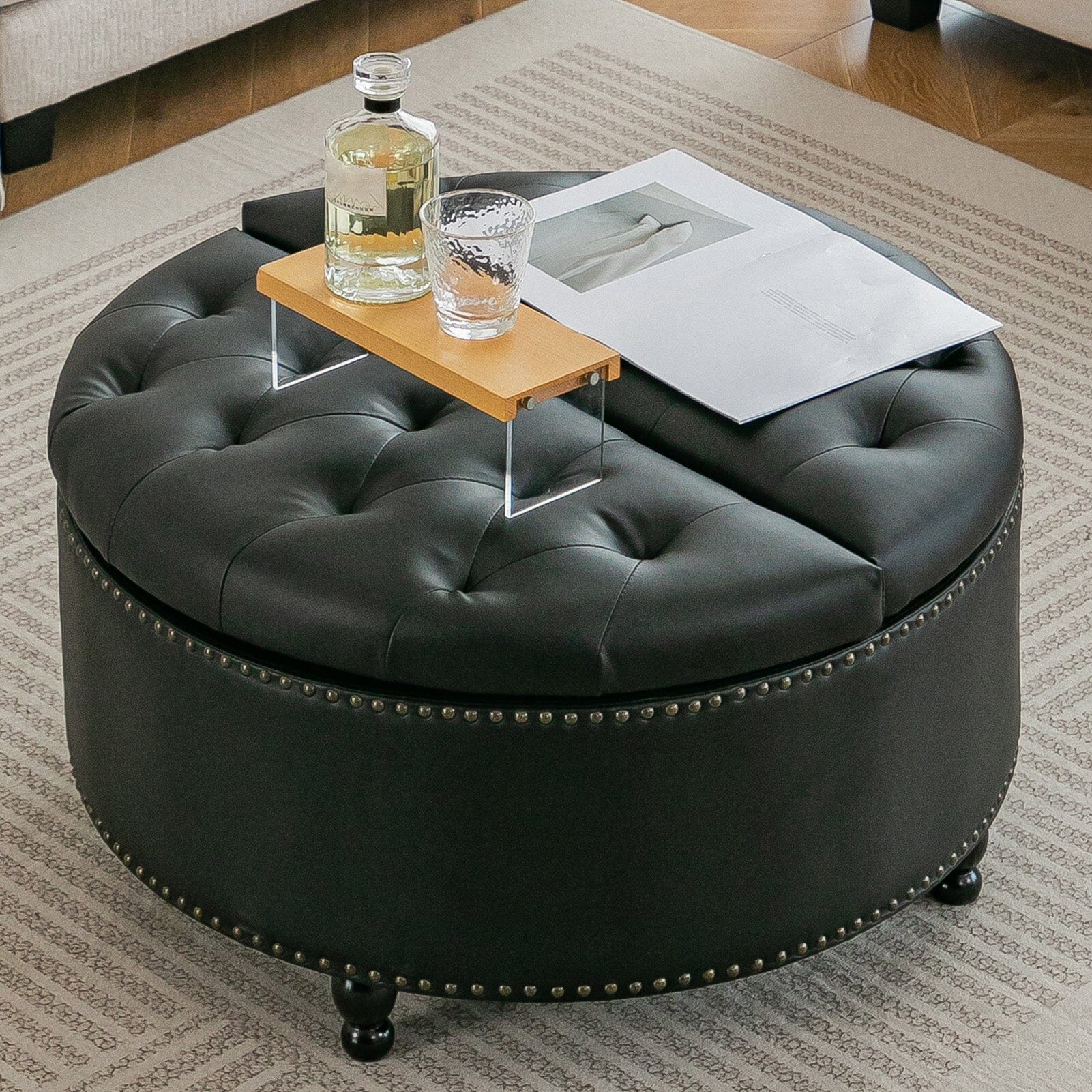 Round PU Leather Storage Ottoman with Tufted Top and Solid Wood Legs Living and Home 