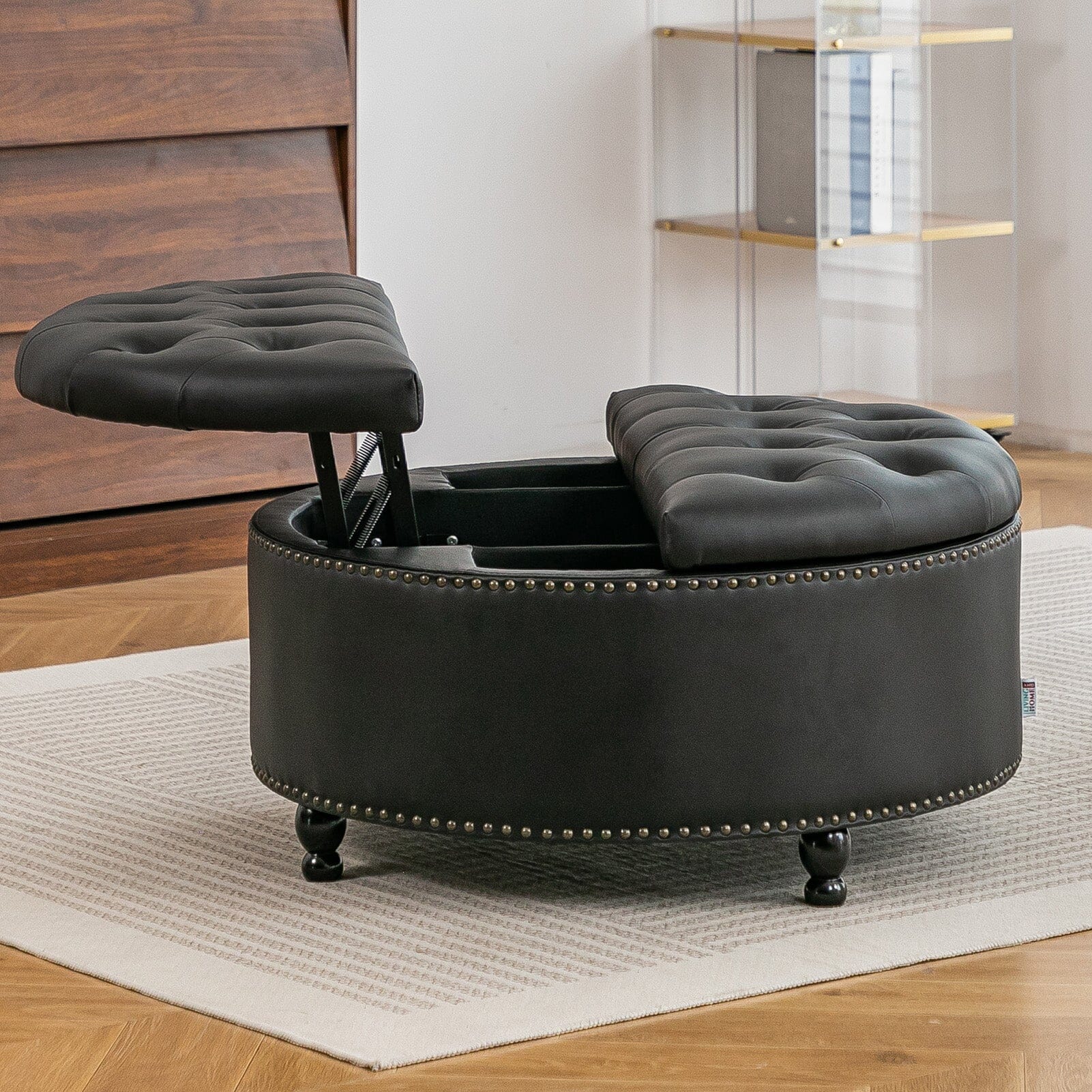 Round PU Leather Storage Ottoman with Tufted Top and Solid Wood Legs Living and Home 