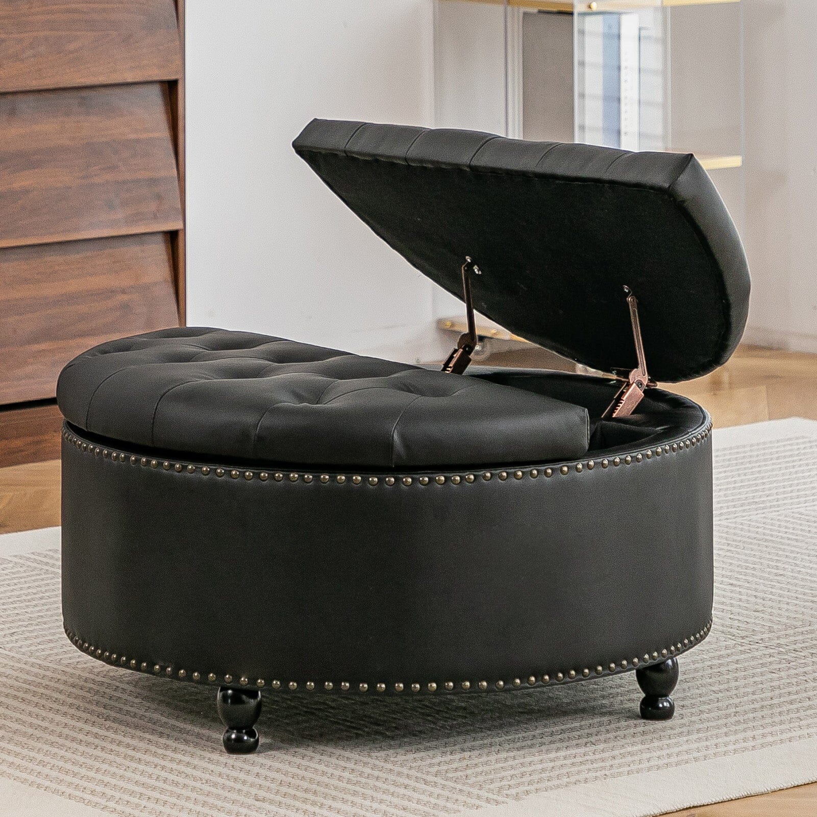 Round PU Leather Storage Ottoman with Tufted Top and Solid Wood Legs Living and Home 