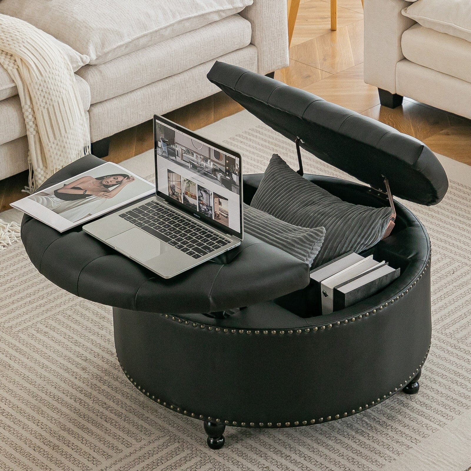 Round PU Leather Storage Ottoman with Tufted Top and Solid Wood Legs Living and Home 