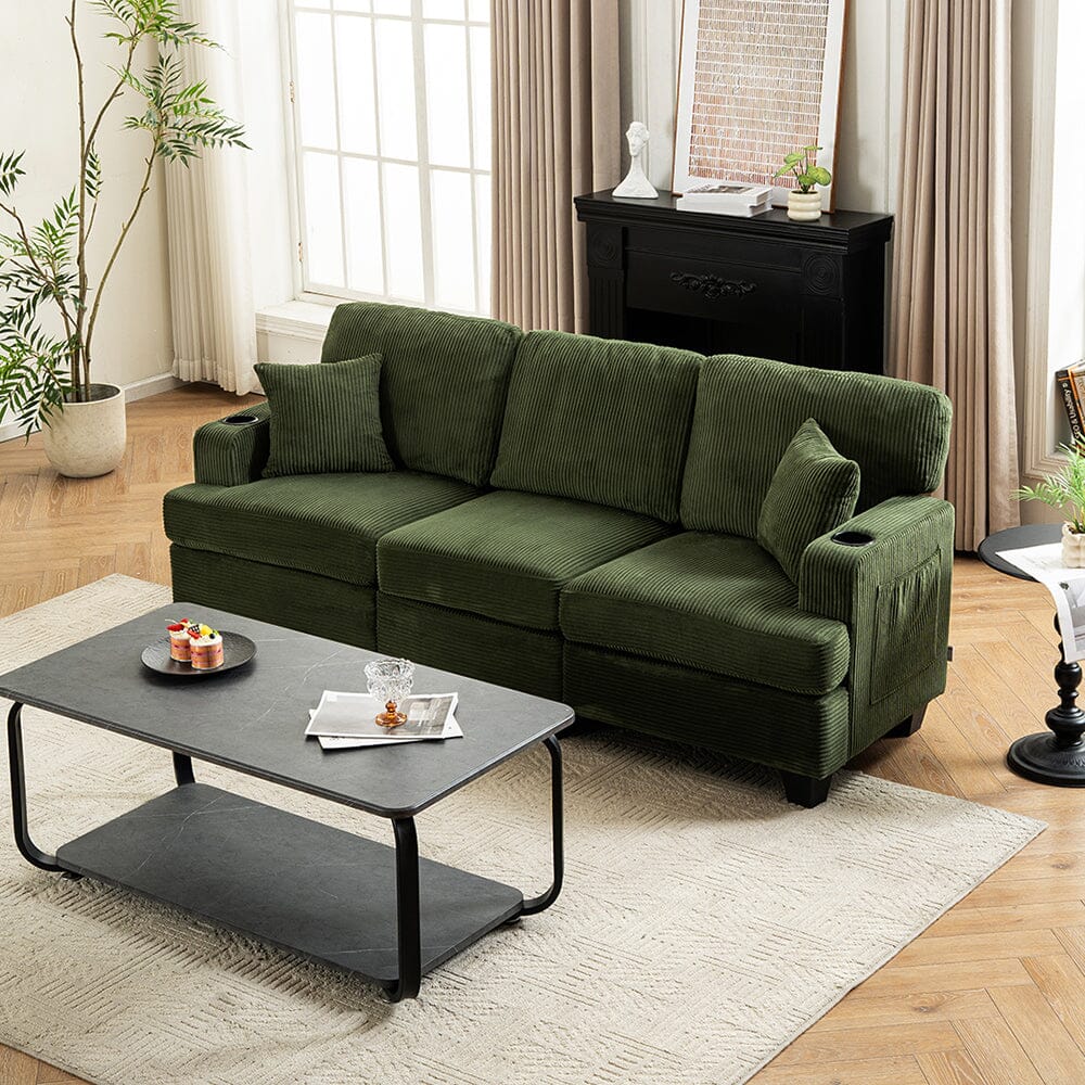 Corduroy Modular Sofa with Cup Holders and Plush Cushions Living and Home Green 