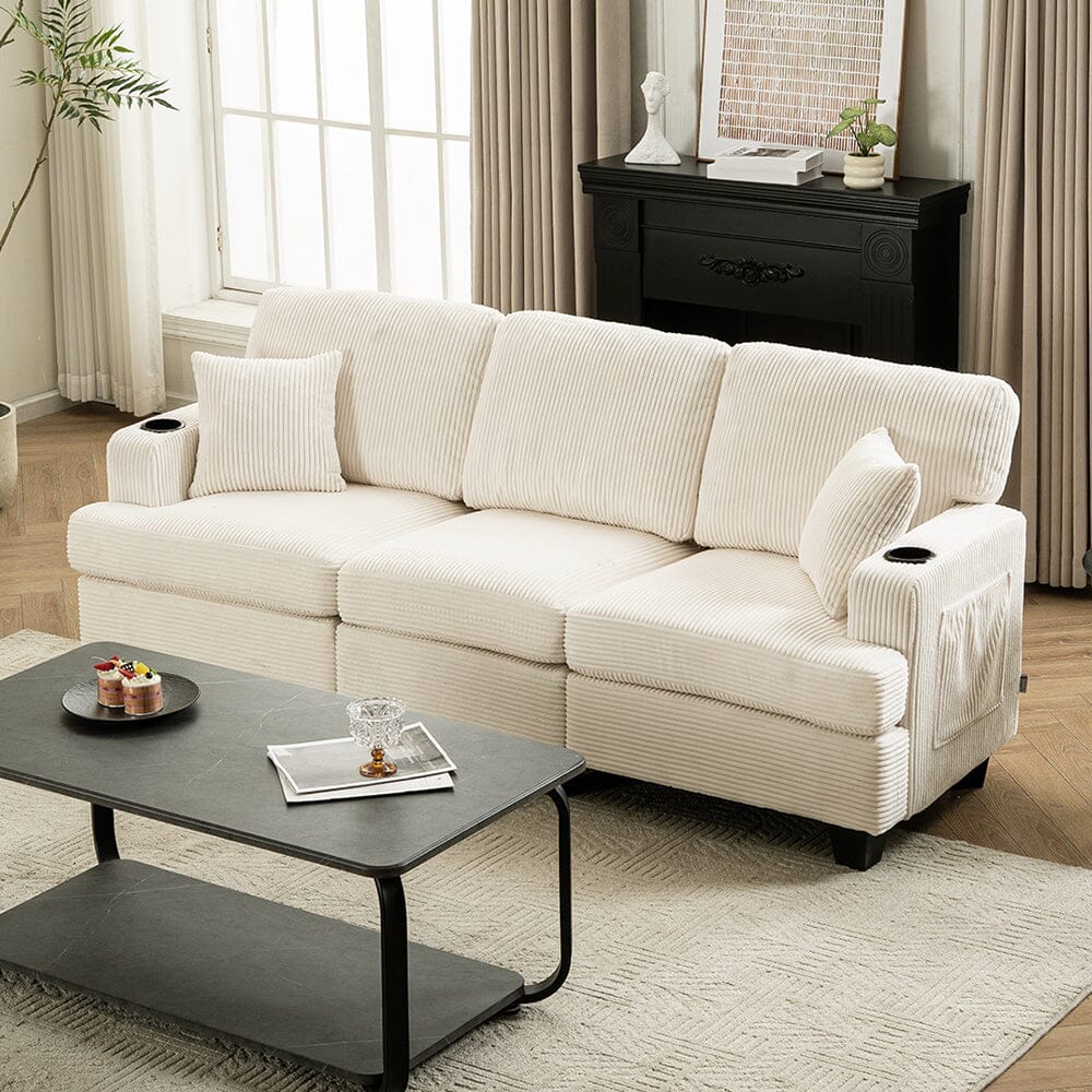 Corduroy Modular Sofa with Cup Holders and Plush Cushions Living and Home Off-White 