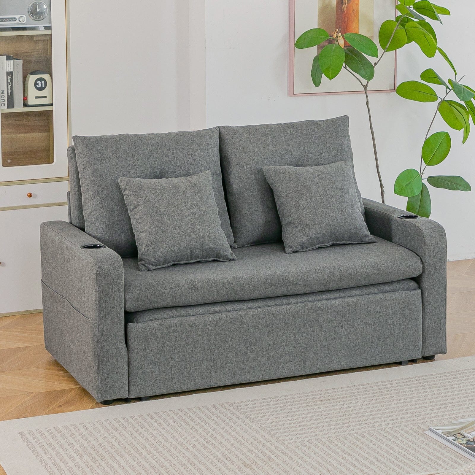 Pull-Out Sofa Bed with Storage Pockets and Cup Holders Living and Home Grey 