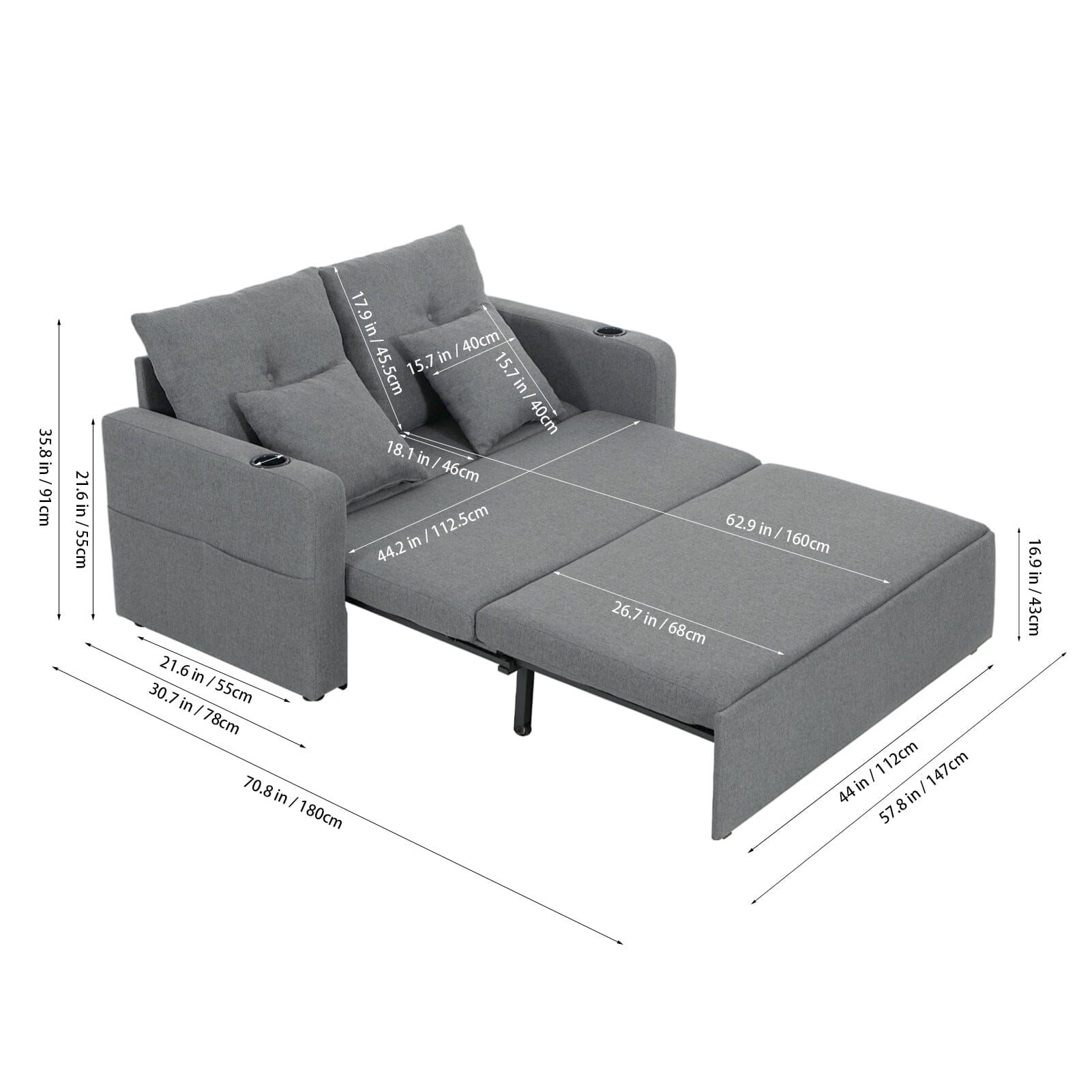 Pull-Out Sofa Bed with Storage Pockets and Cup Holders Living and Home 