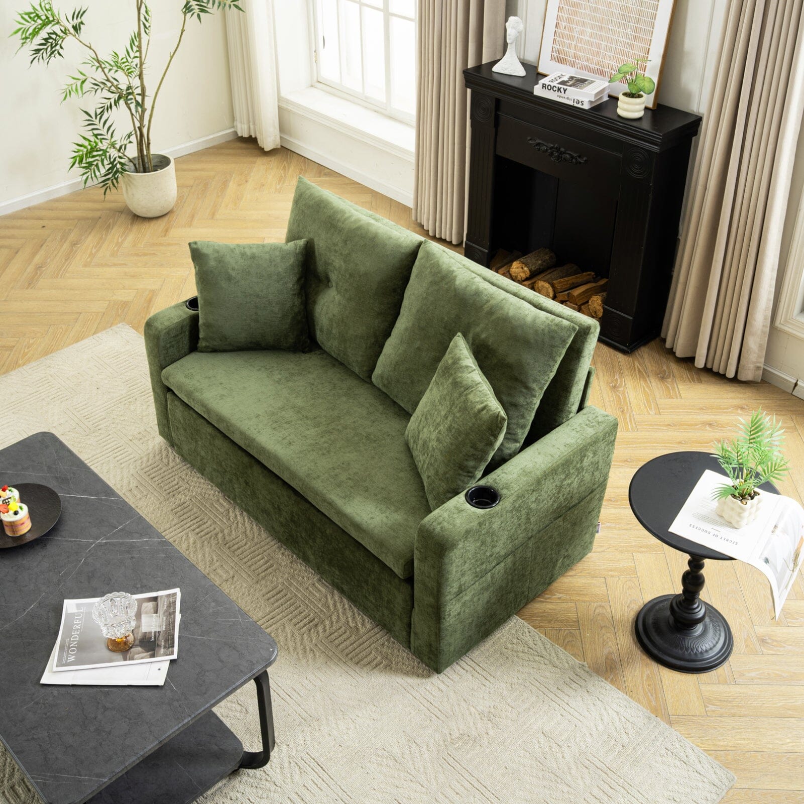 Pull-Out Sofa Bed with Storage Pockets and Cup Holders Living and Home 