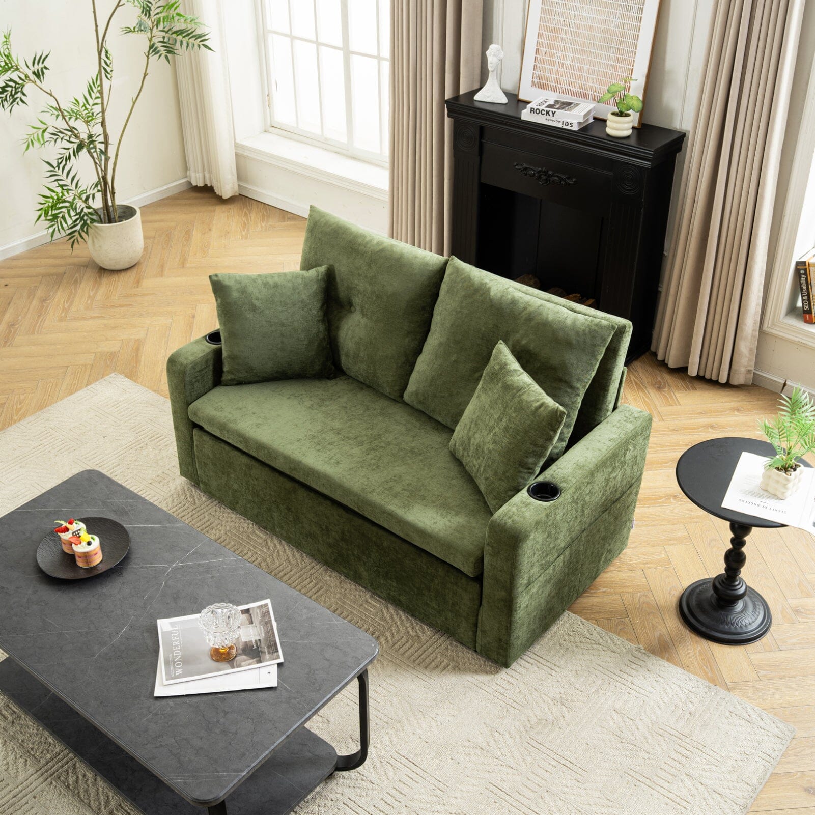 Pull-Out Sofa Bed with Storage Pockets and Cup Holders Living and Home 
