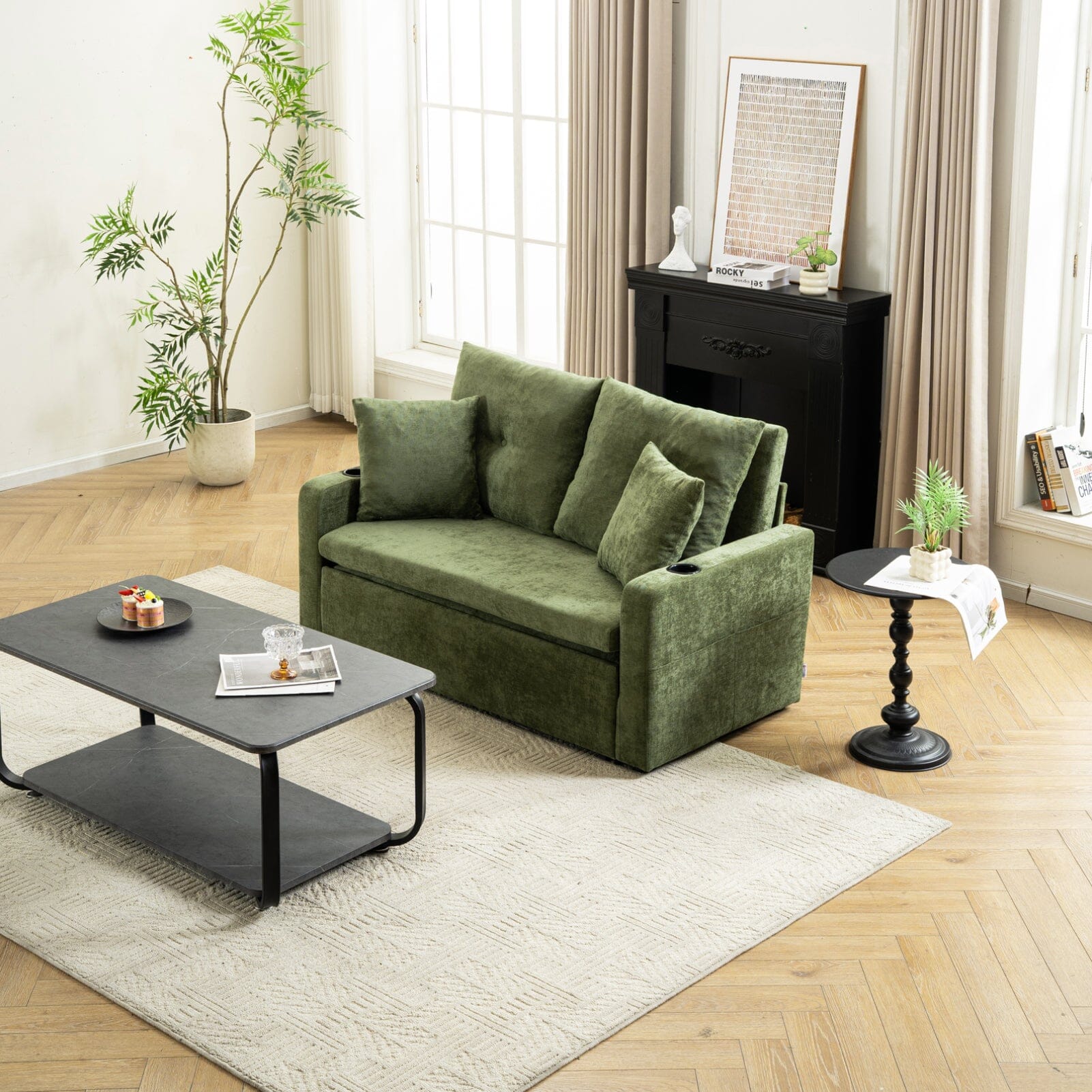 Pull-Out Sofa Bed with Storage Pockets and Cup Holders Living and Home 