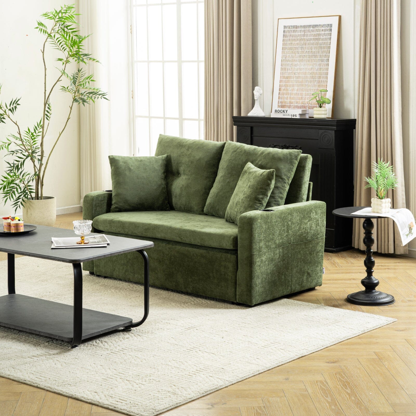 Pull-Out Sofa Bed with Storage Pockets and Cup Holders Living and Home Green 