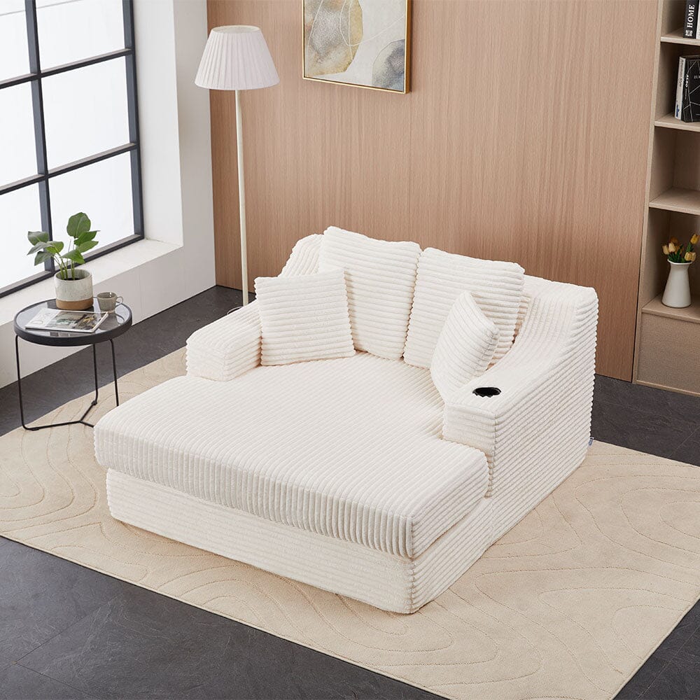 Convertible Sofa Bed with Corduroy Upholstery Cup Holder and Cushions Living and Home Off-White 
