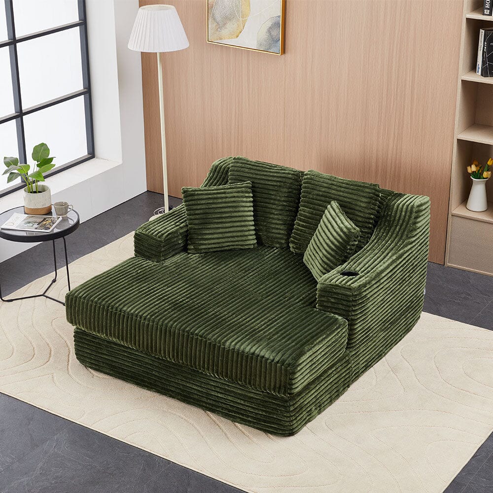 Convertible Sofa Bed with Corduroy Upholstery Cup Holder and Cushions Living and Home Green 