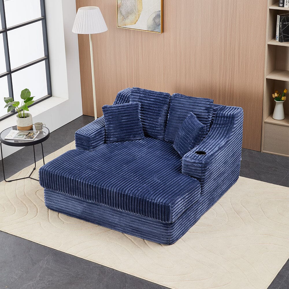 Convertible Sofa Bed with Corduroy Upholstery Cup Holder and Cushions Living and Home Blue 