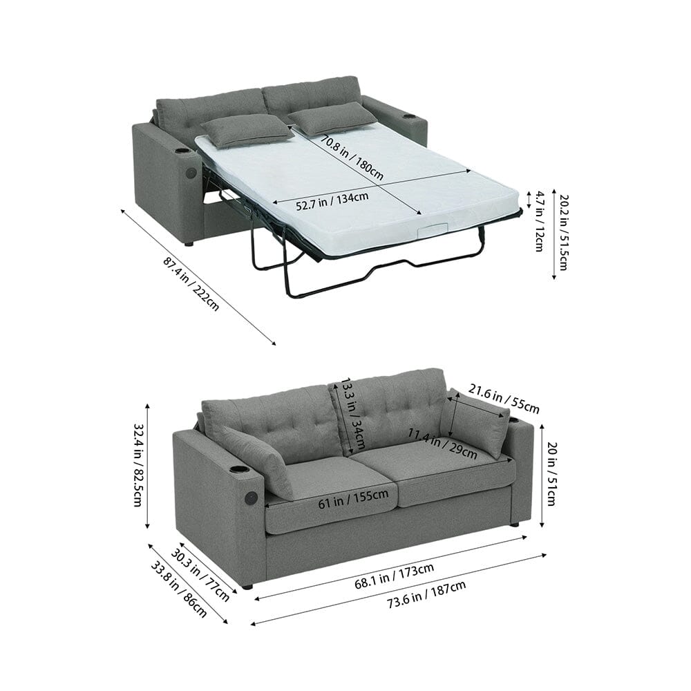 Convertible Sofa Bed with Cup Holders USB Port and Tufted Details Living and Home 