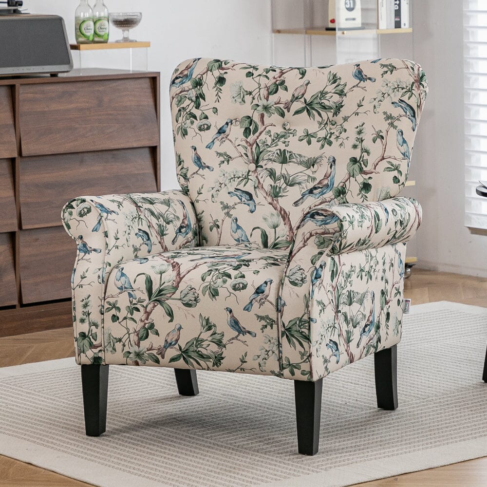 Floral Fabric Accent Chair with Solid Wood Legs and Tufted Backrest Living and Home 