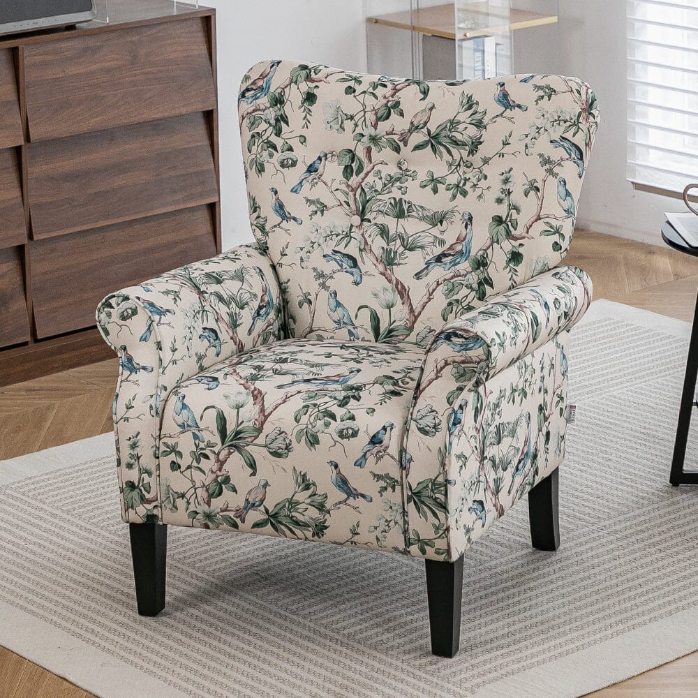 Floral Fabric Accent Chair with Solid Wood Legs and Tufted Backrest Living and Home 