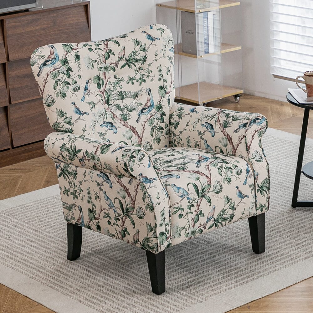 Floral Fabric Accent Chair with Solid Wood Legs and Tufted Backrest Living and Home 
