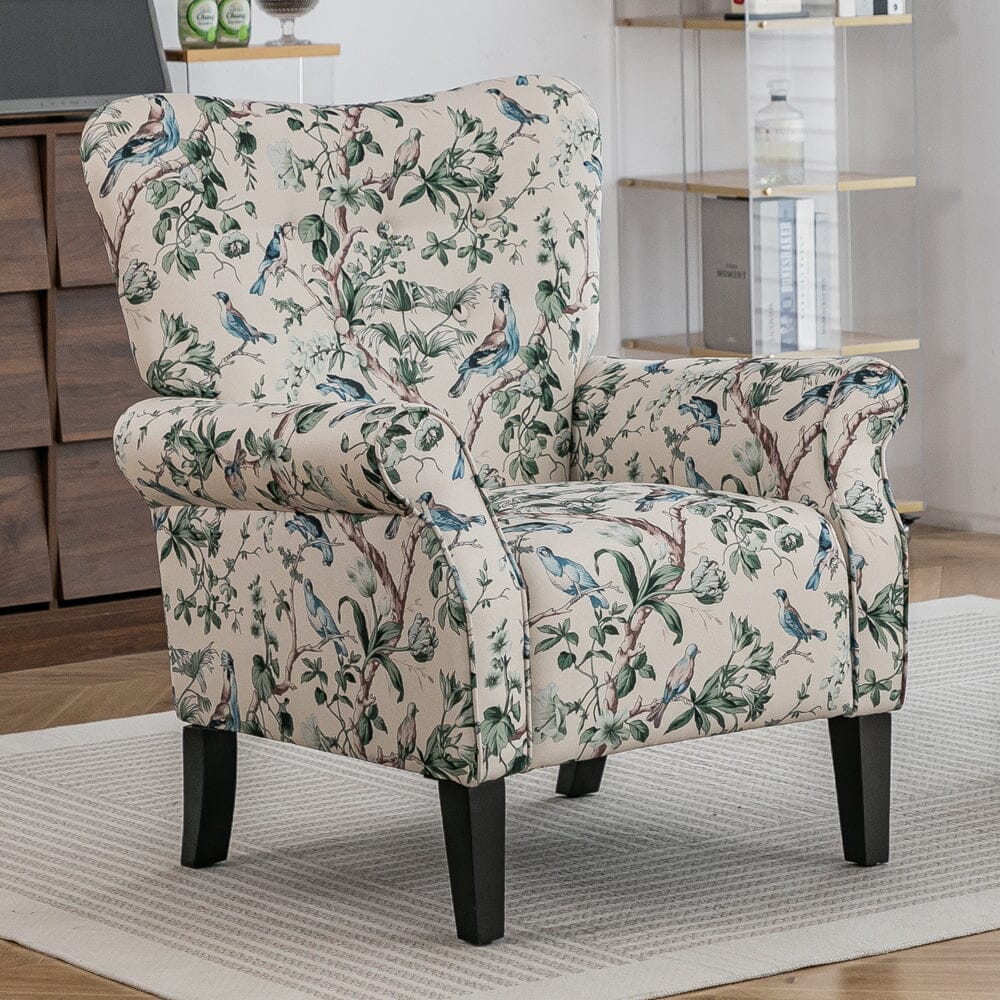 Floral Fabric Accent Chair with Solid Wood Legs and Tufted Backrest Living and Home 