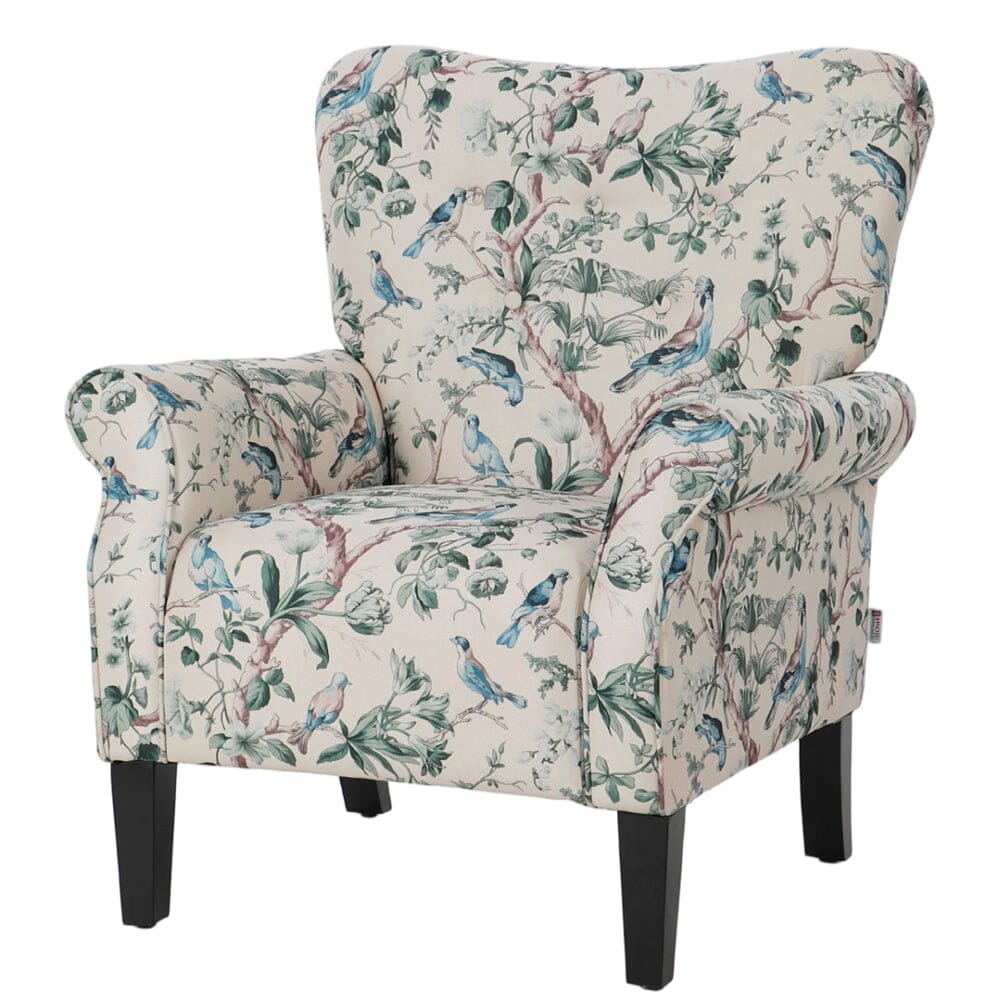 Floral Fabric Accent Chair with Solid Wood Legs and Tufted Backrest Living and Home 
