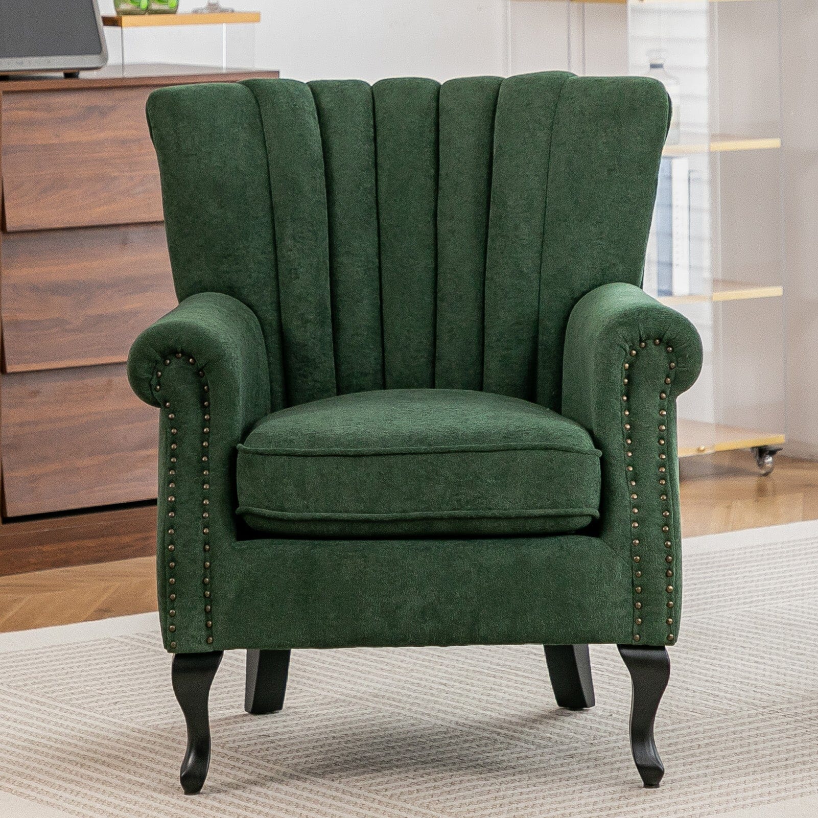 Chenille Accent Chair with European Curved Legs and Nailhead Trim Living and Home 
