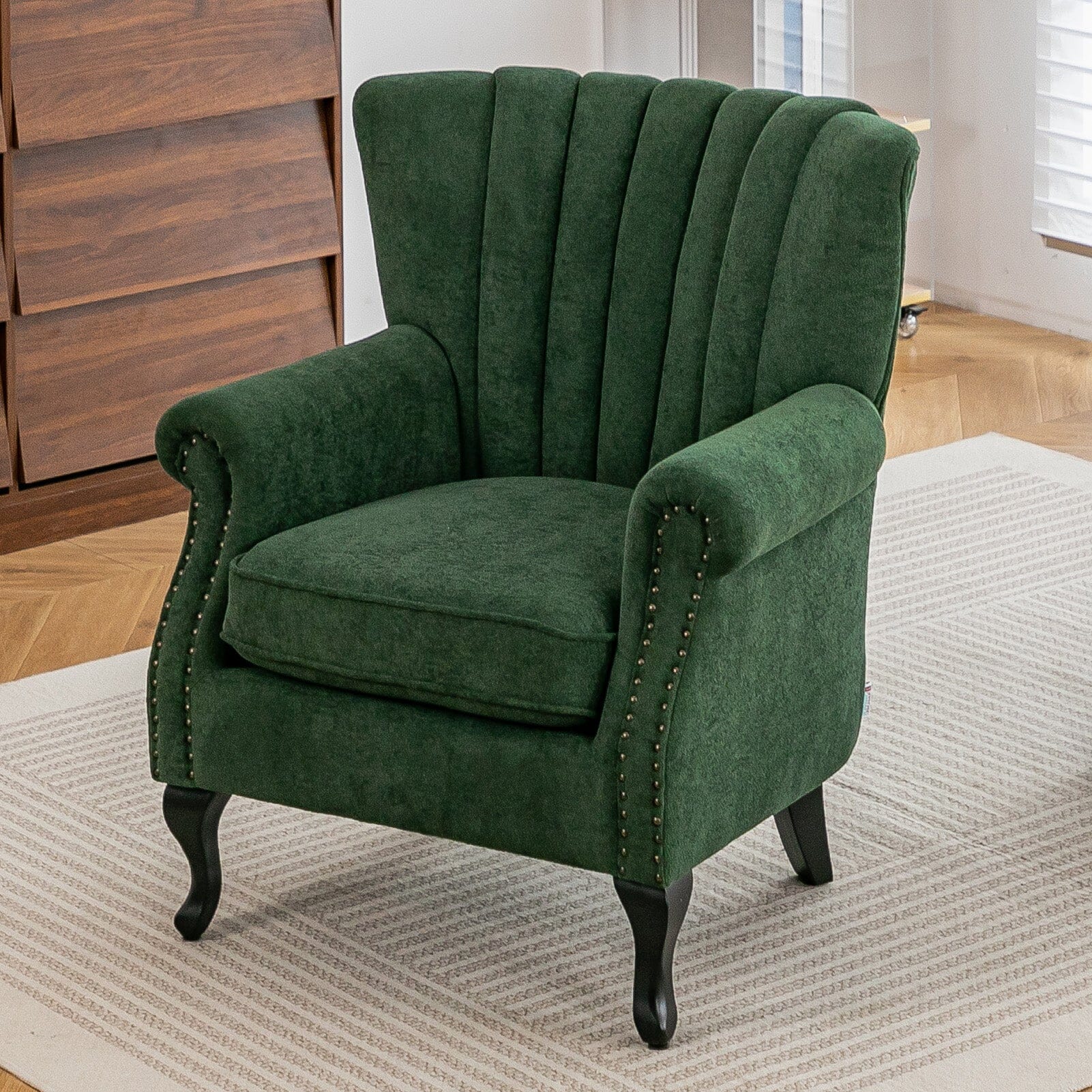 Chenille Accent Chair with European Curved Legs and Nailhead Trim Living and Home 