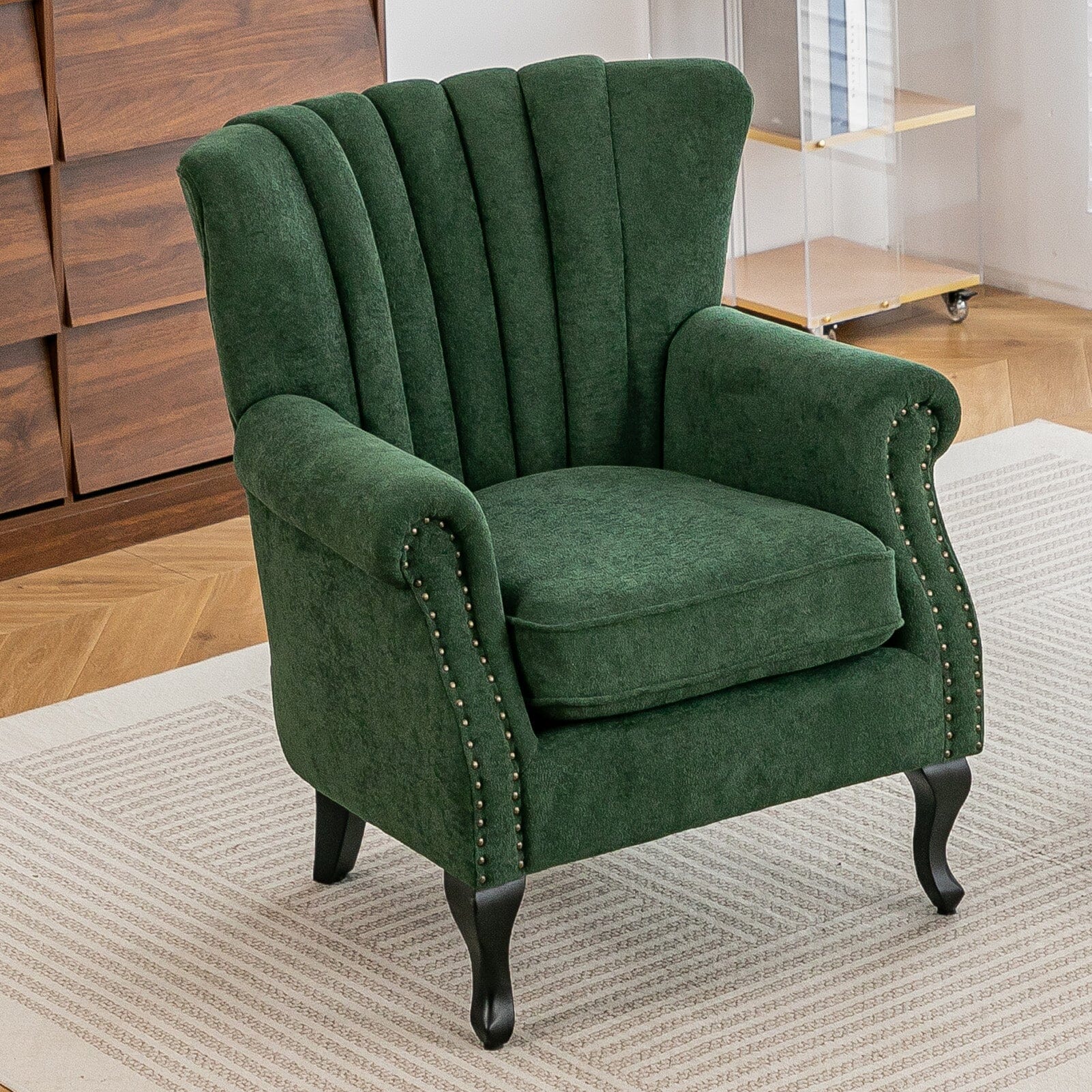 Chenille Accent Chair with European Curved Legs and Nailhead Trim Living and Home 