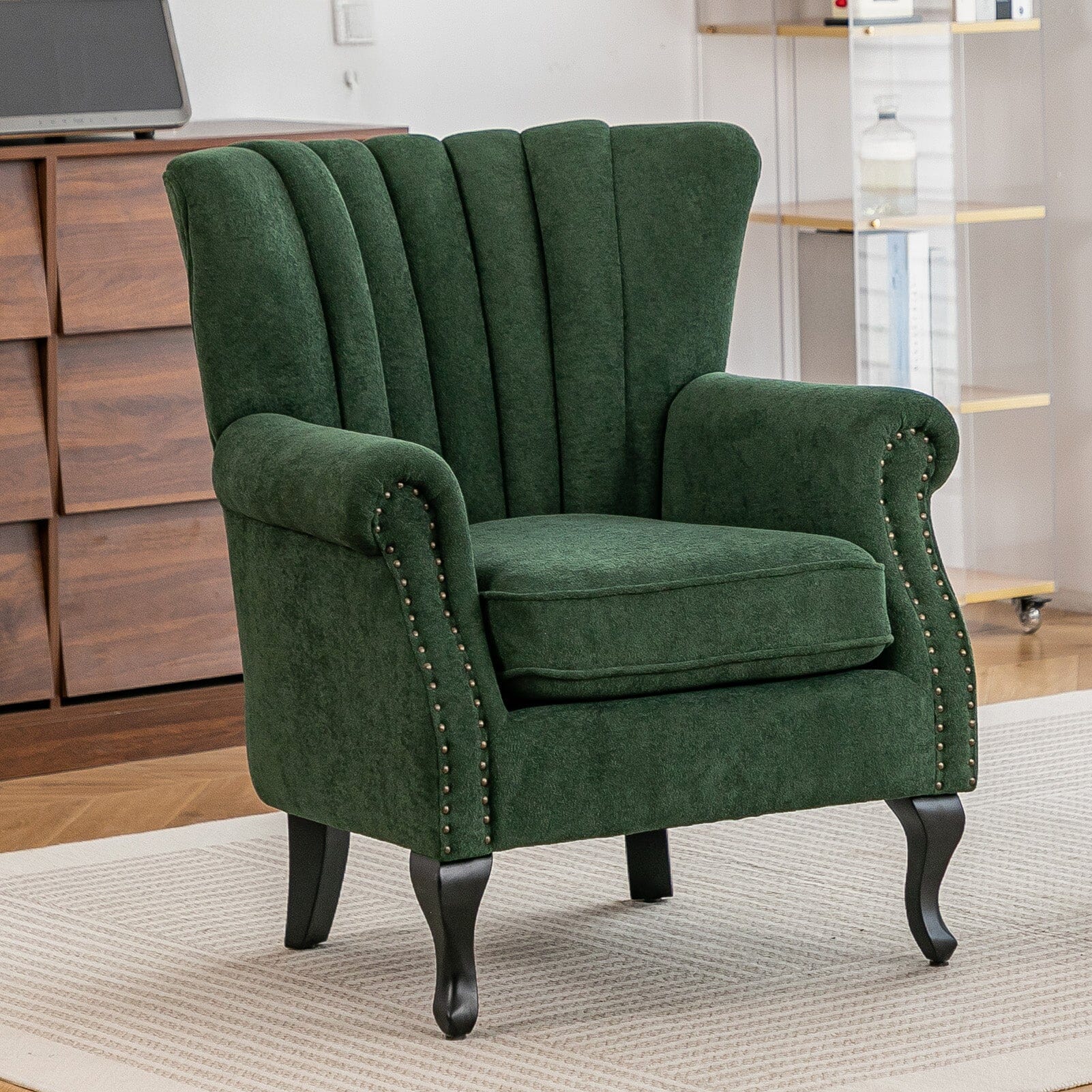 Chenille Accent Chair with European Curved Legs and Nailhead Trim Living and Home 