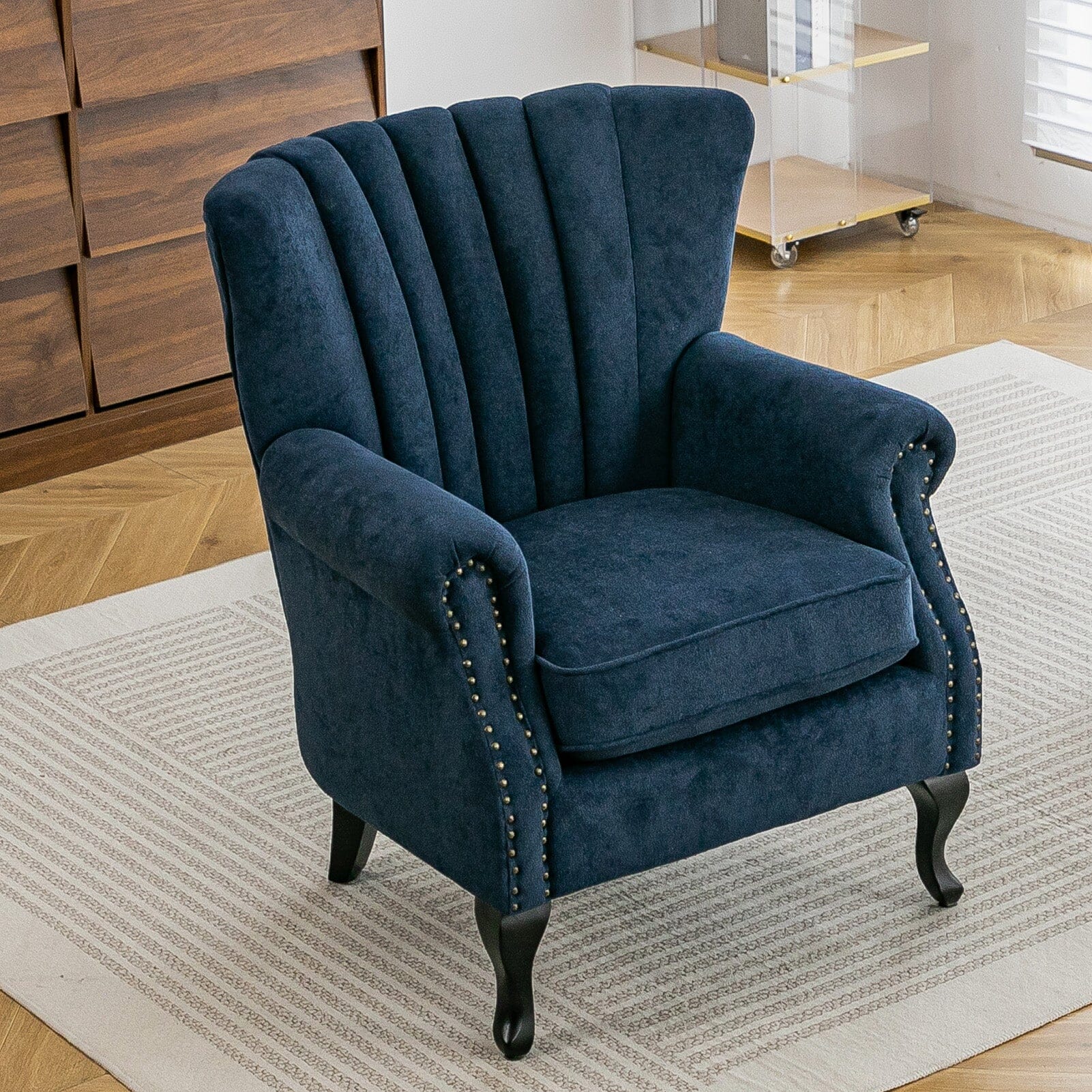 Chenille Accent Chair with European Curved Legs and Nailhead Trim Living and Home 