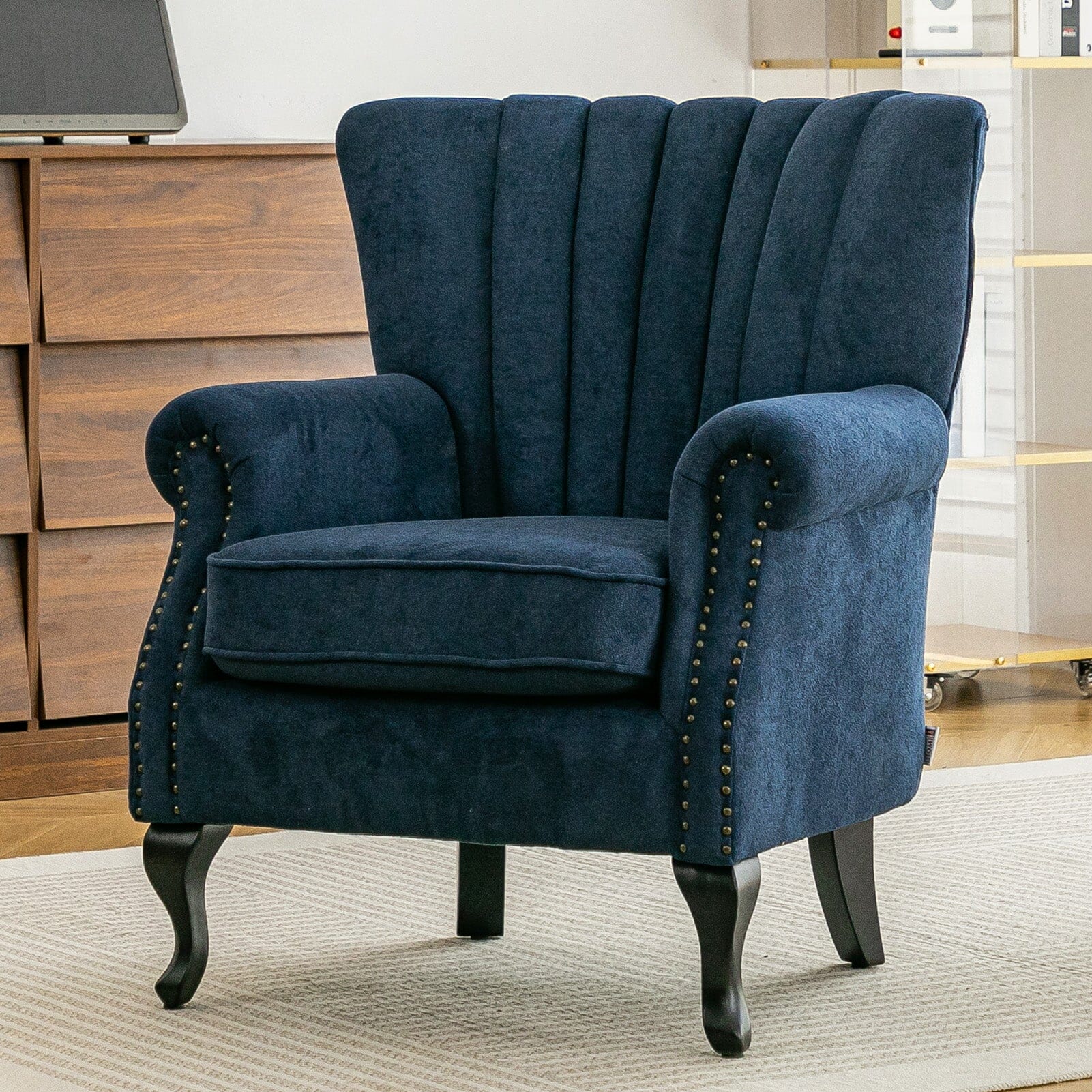 Chenille Accent Chair with European Curved Legs and Nailhead Trim Living and Home Blue 