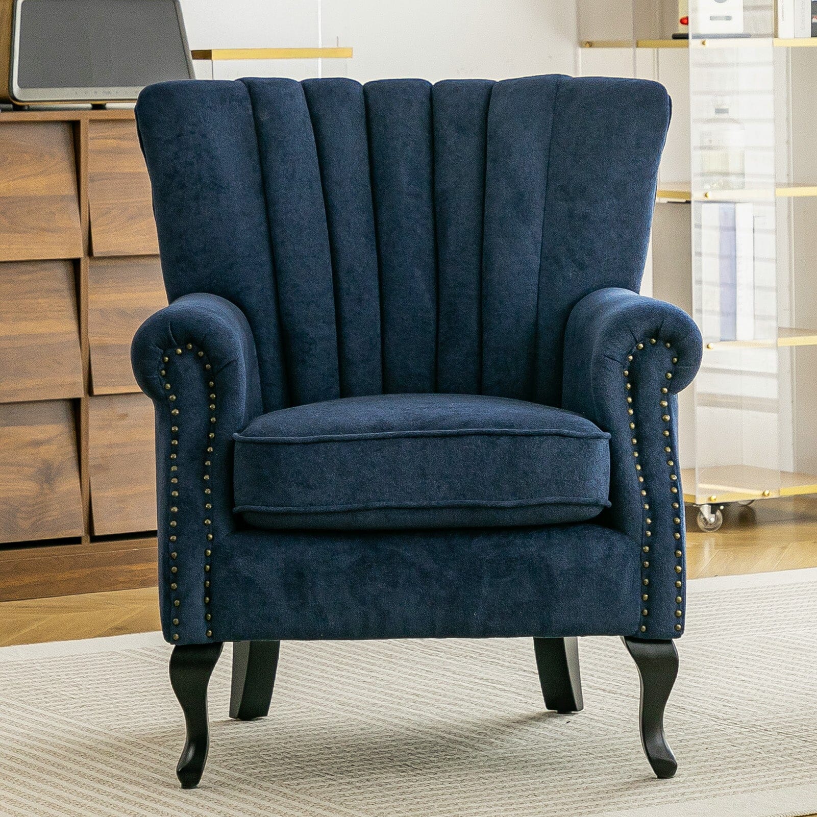 Chenille Accent Chair with European Curved Legs and Nailhead Trim Living and Home 