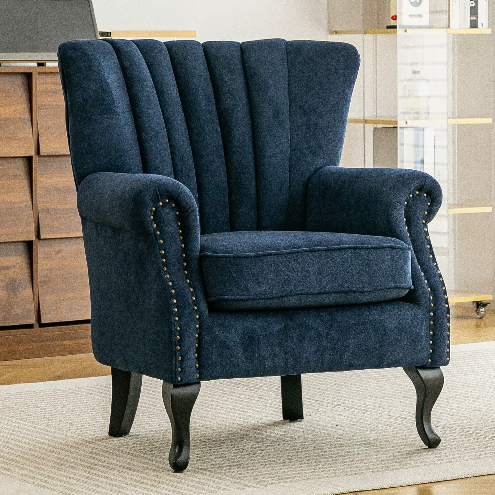 Chenille Accent Chair with European Curved Legs and Nailhead Trim Living and Home 
