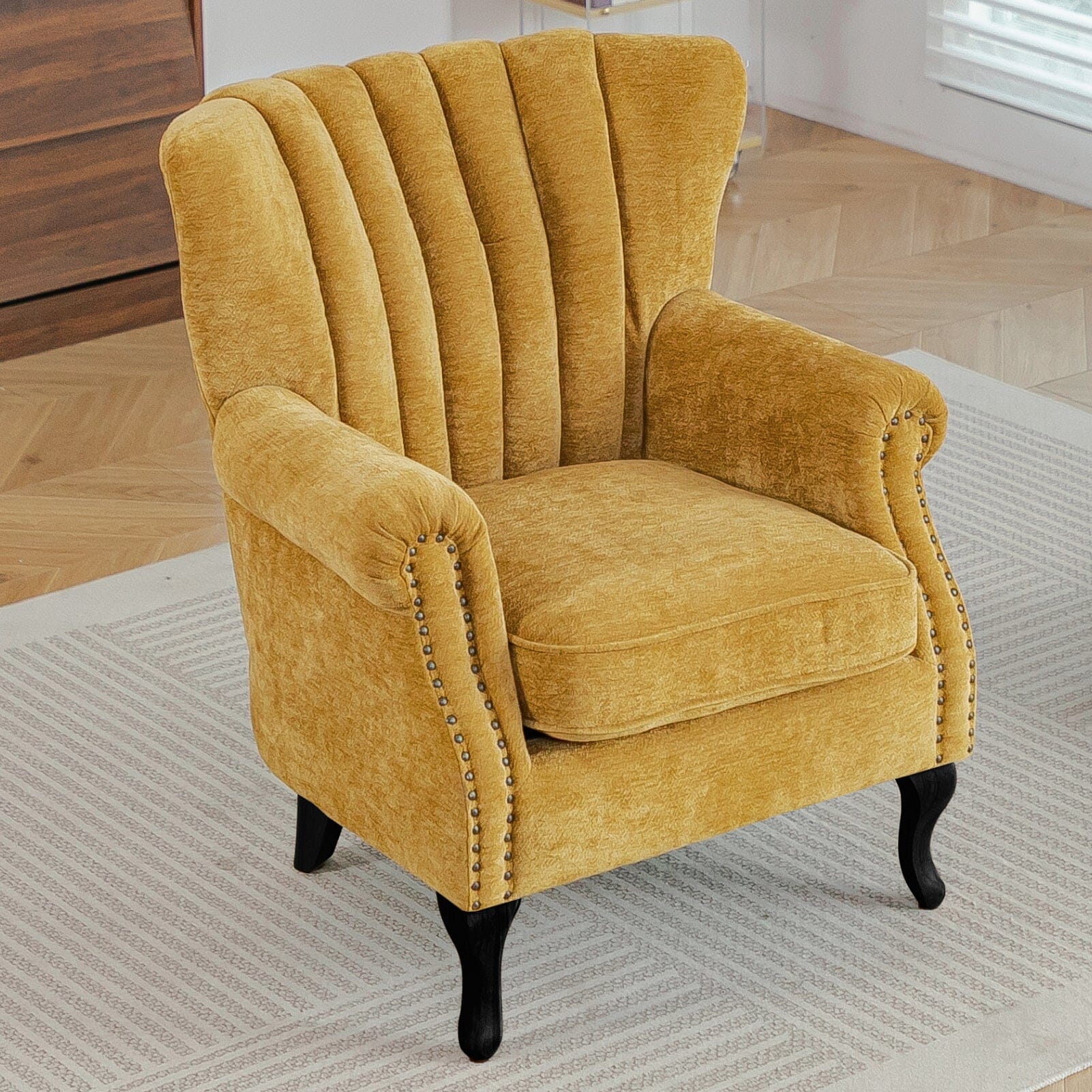 Chenille Accent Chair with European Curved Legs and Nailhead Trim Living and Home 