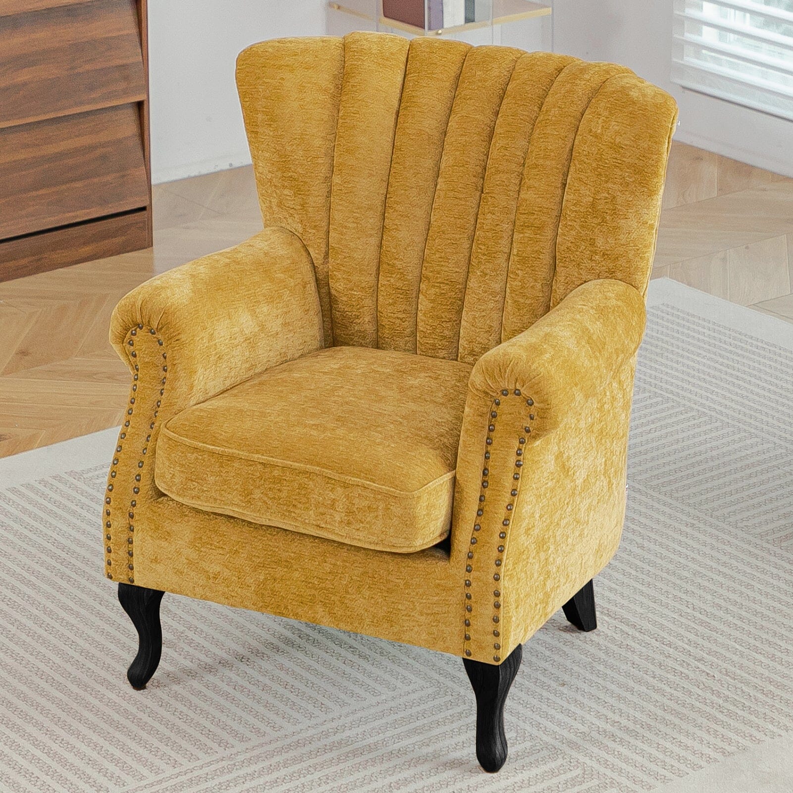 Chenille Accent Chair with European Curved Legs and Nailhead Trim Living and Home 