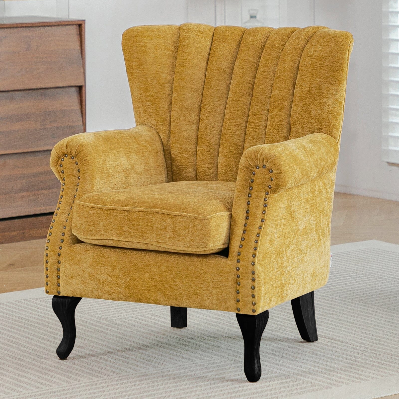 Chenille Accent Chair with European Curved Legs and Nailhead Trim Living and Home Yellow 