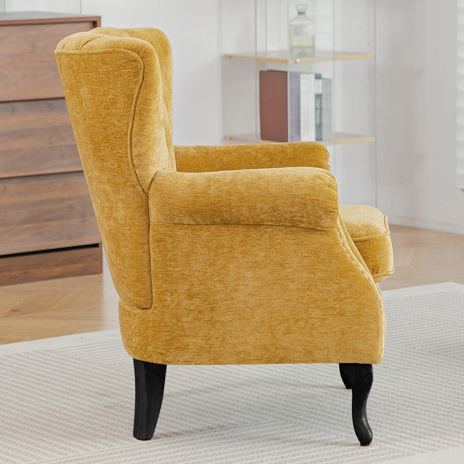 Chenille Accent Chair with European Curved Legs and Nailhead Trim Living and Home 