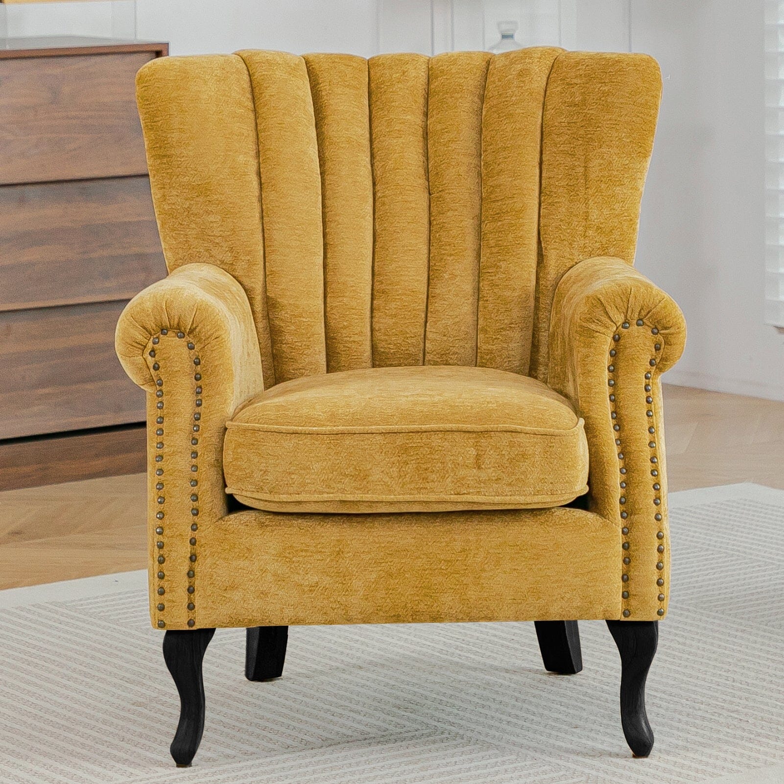 Chenille Accent Chair with European Curved Legs and Nailhead Trim Living and Home 