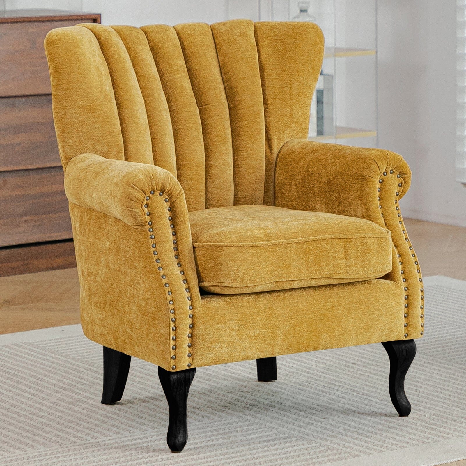 Chenille Accent Chair with European Curved Legs and Nailhead Trim Living and Home 