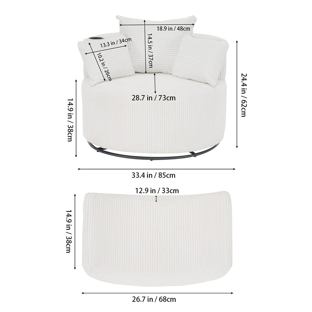 Corduroy Swivel Chair with Ottoman, Cup Holder and Removable Armrests Living and Home 