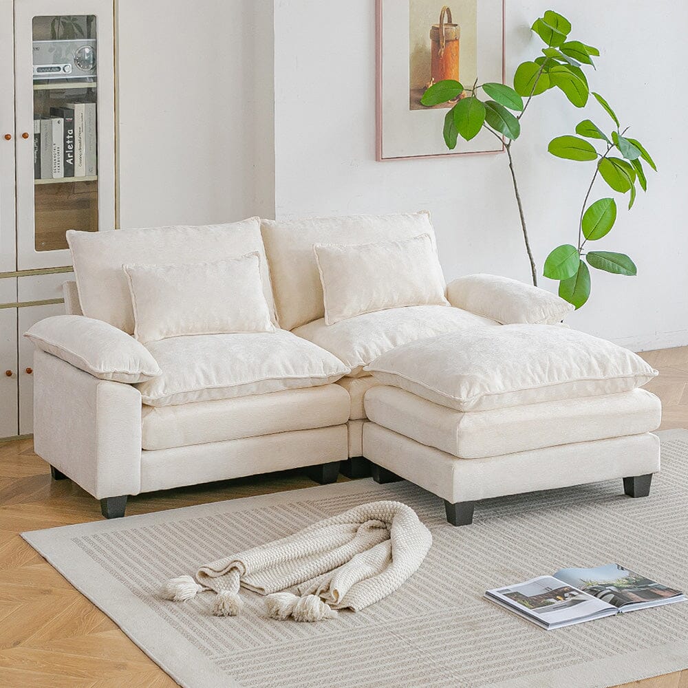 Chenille 2-Seater Modular Sofa with Ottoman and Plush Cushions Living and Home White 
