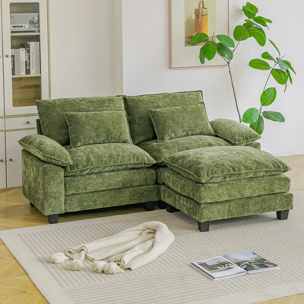 Chenille 2-Seater Modular Sofa with Ottoman and Plush Cushions Living and Home Green 