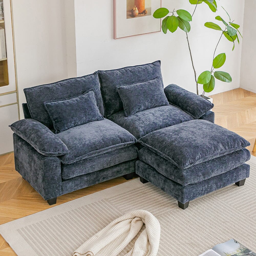 Chenille 2-Seater Modular Sofa with Ottoman and Plush Cushions Living and Home Blue 