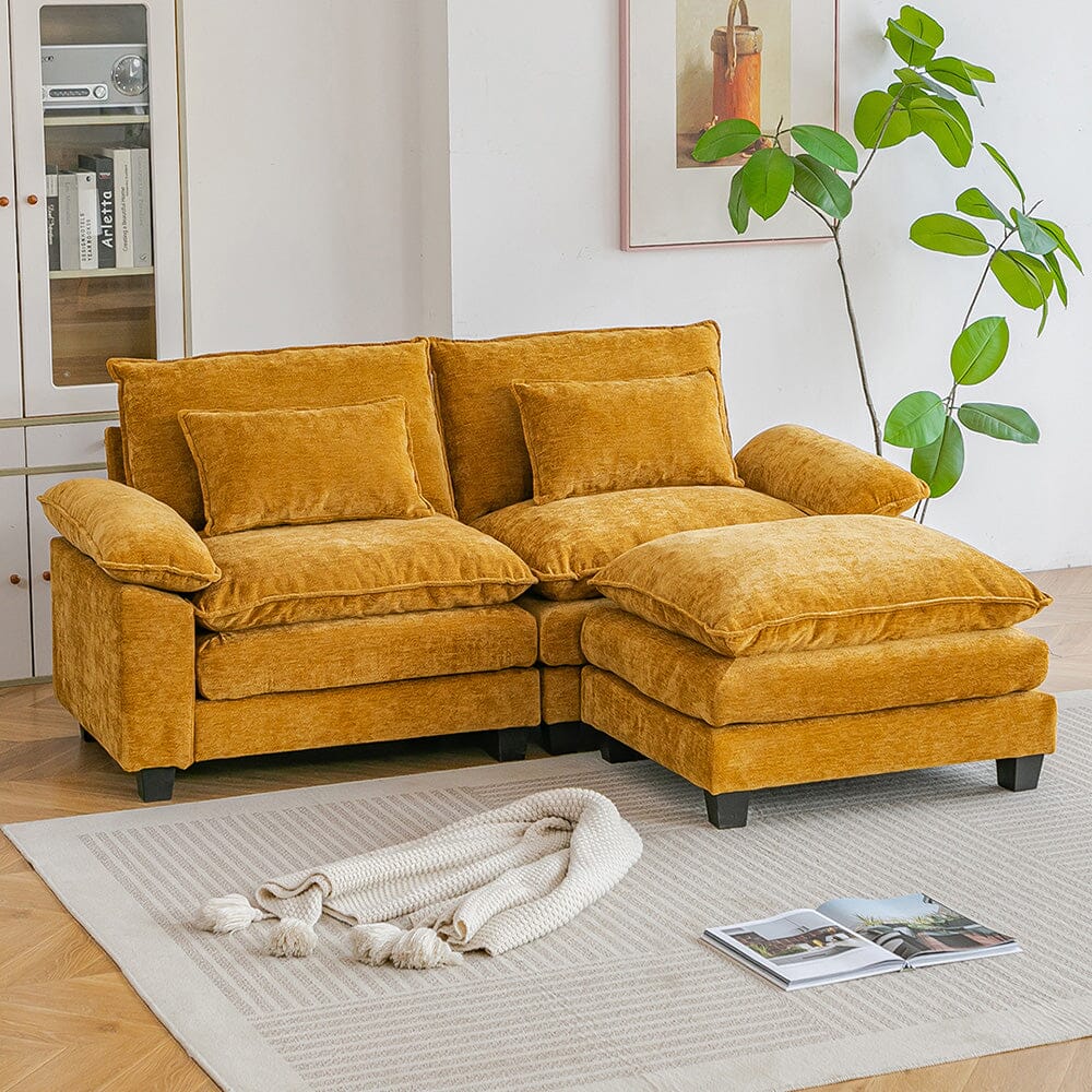 Chenille 2-Seater Modular Sofa with Ottoman and Plush Cushions Living and Home Yellow 