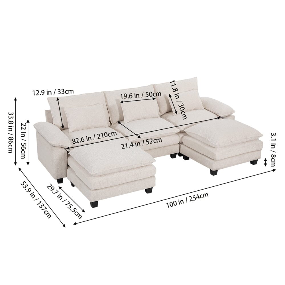 Chenille 3-Seater Modular Sofa with Double Ottomans and Full Cushion Set Living and Home 