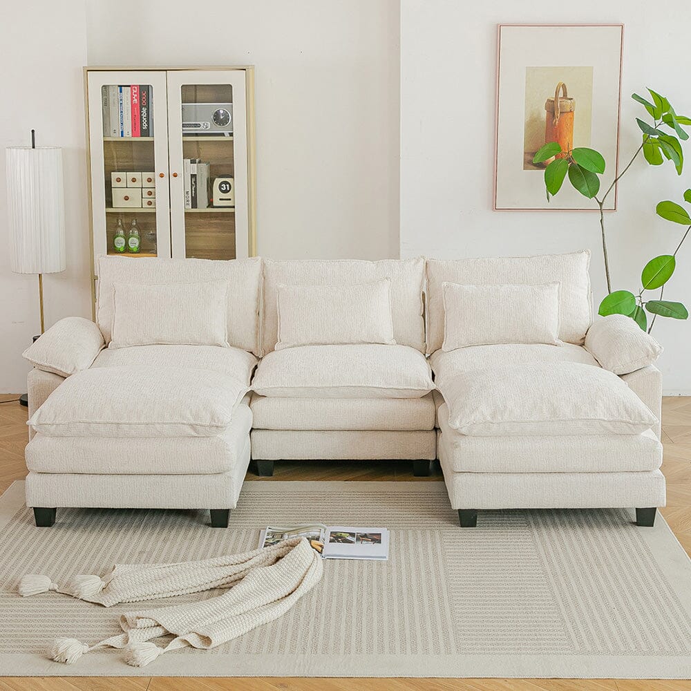 Chenille 3-Seater Modular Sofa with Double Ottomans and Full Cushion Set Living and Home 