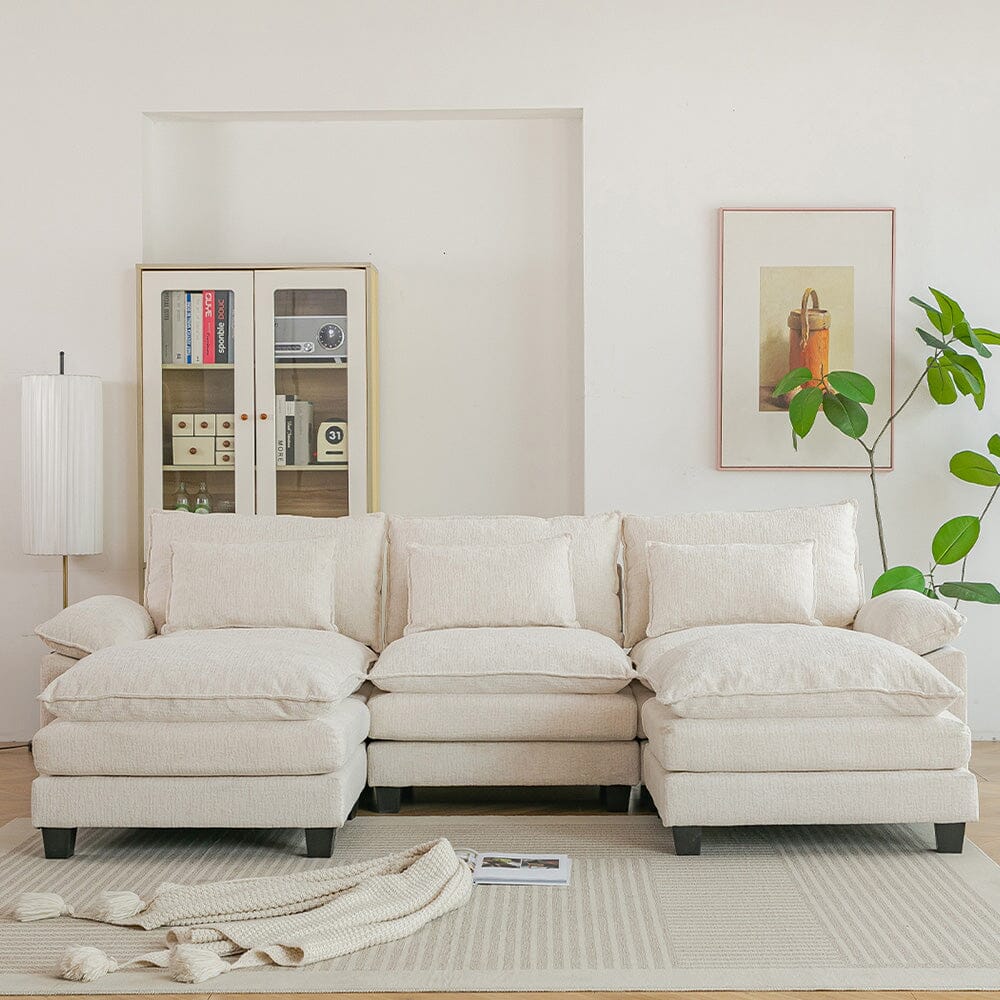 Chenille 3-Seater Modular Sofa with Double Ottomans and Full Cushion Set Living and Home 