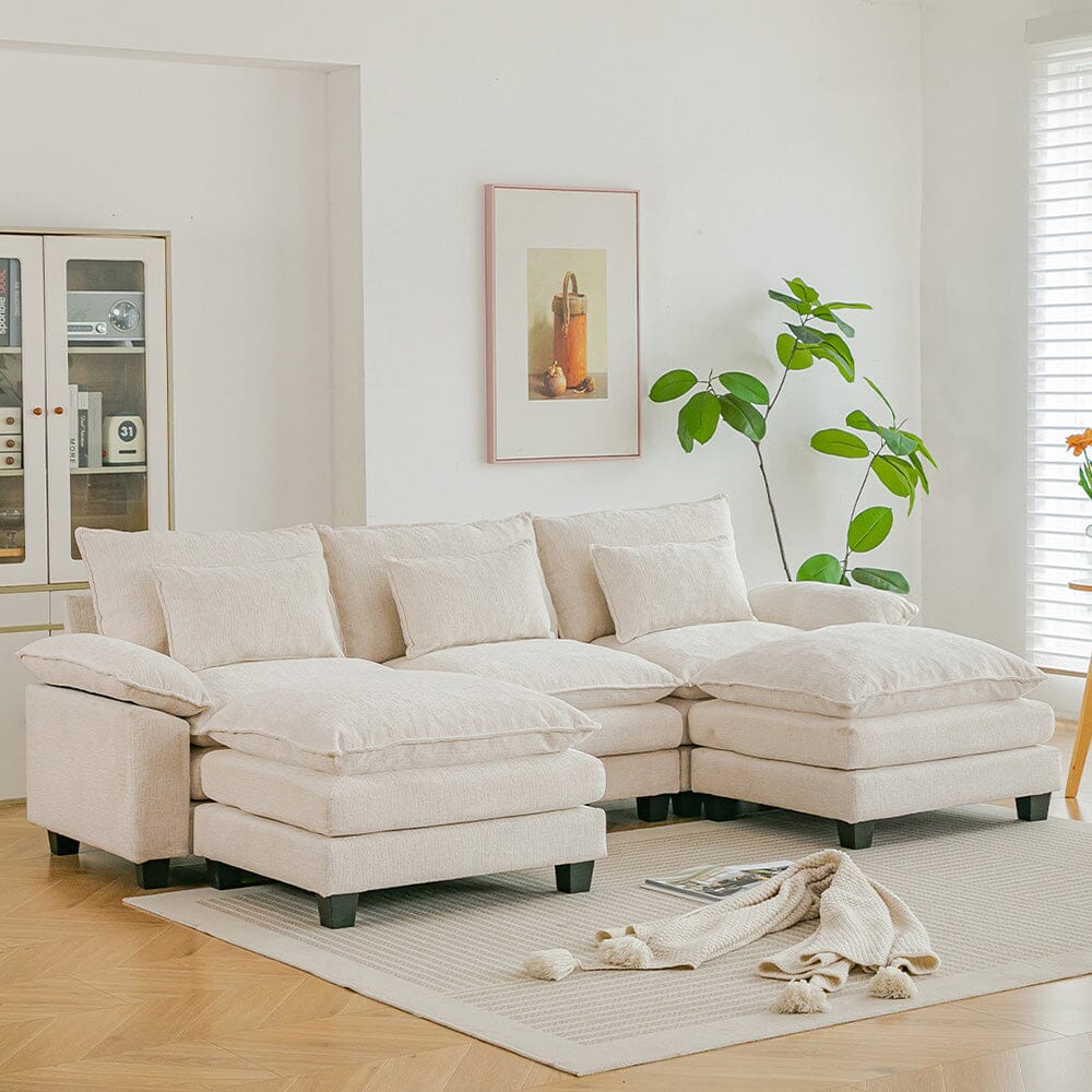 Chenille 3-Seater Modular Sofa with Double Ottomans and Full Cushion Set Living and Home 