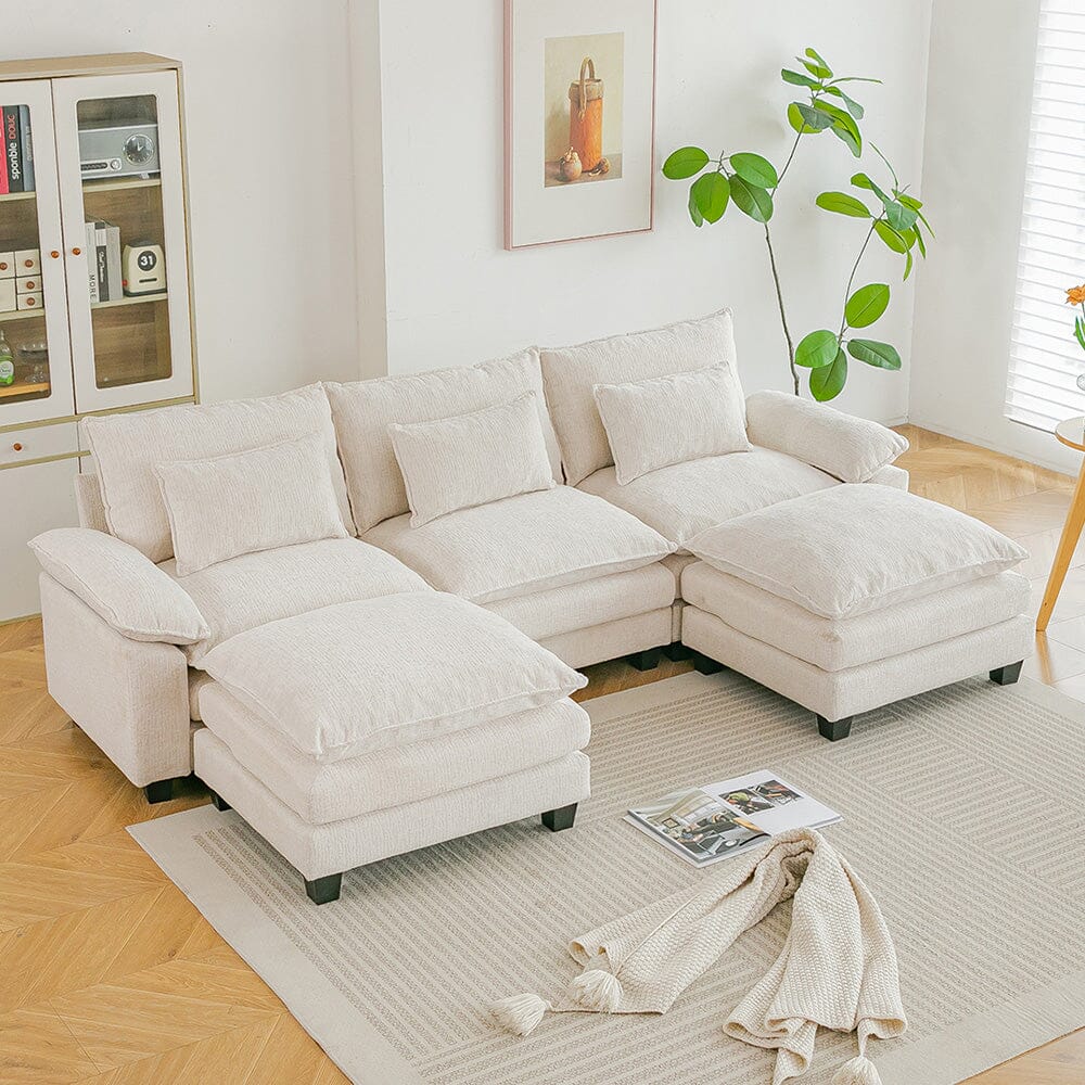Chenille 3-Seater Modular Sofa with Double Ottomans and Full Cushion Set Living and Home 