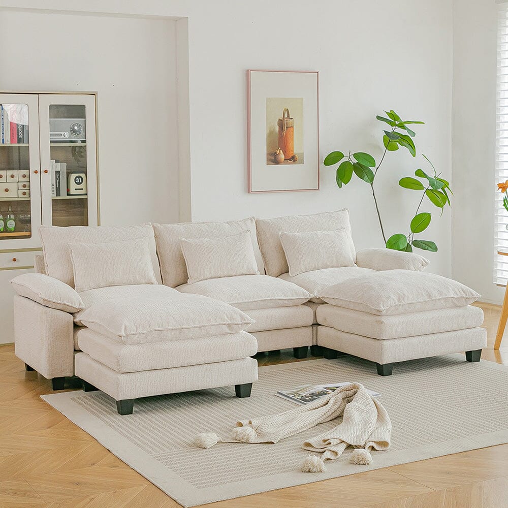 Chenille 3-Seater Modular Sofa with Double Ottomans and Full Cushion Set Living and Home 